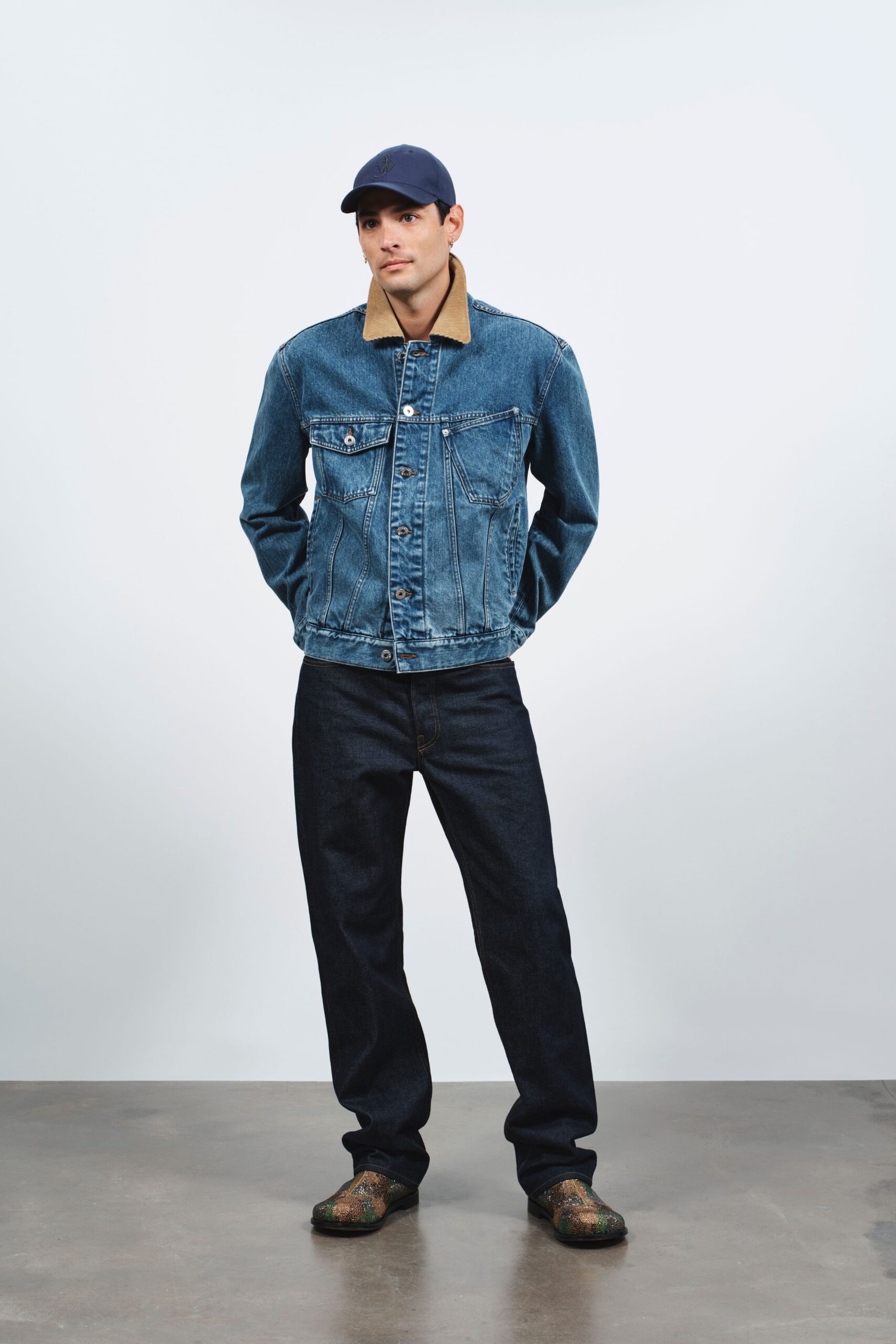 blue denim long-sleeve collared fitted jacket