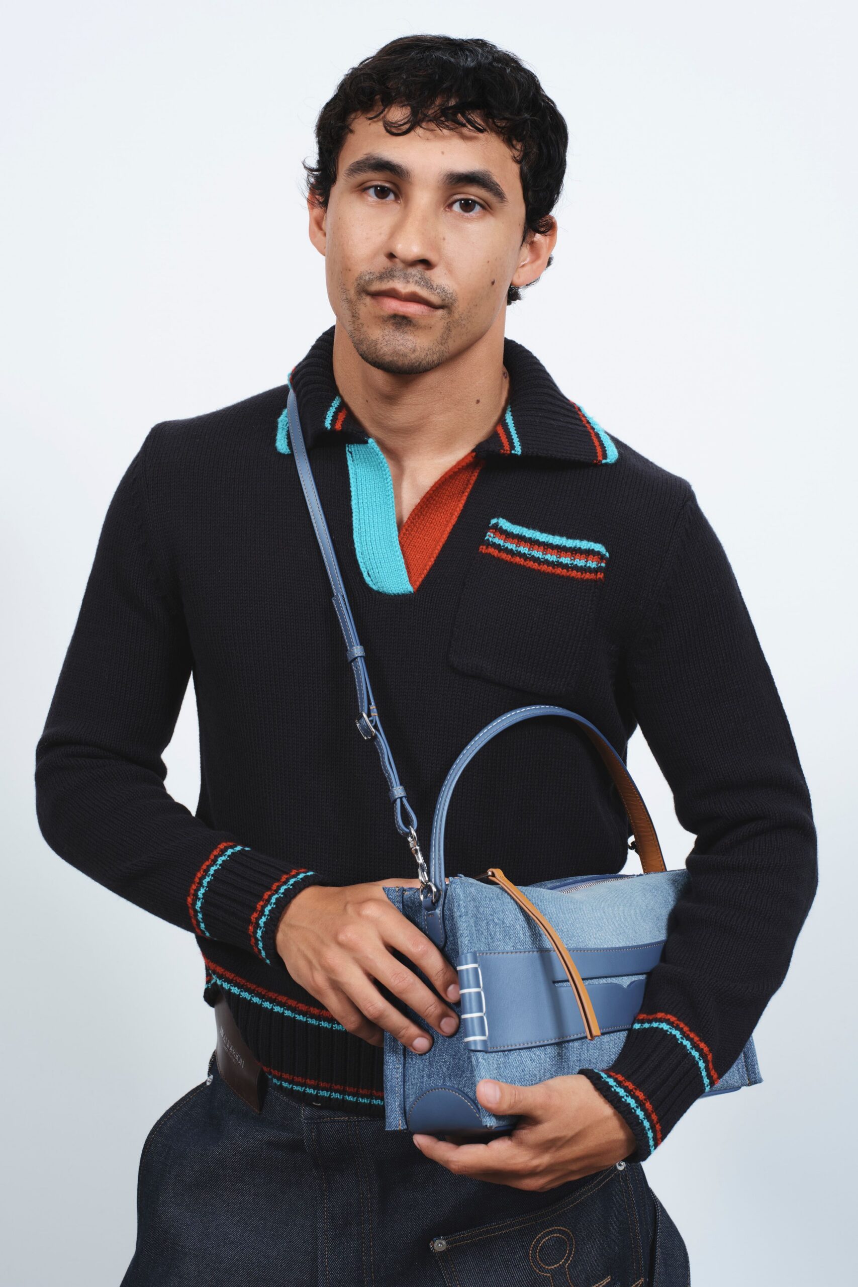black cotton long-sleeve collared fitted striped sweater