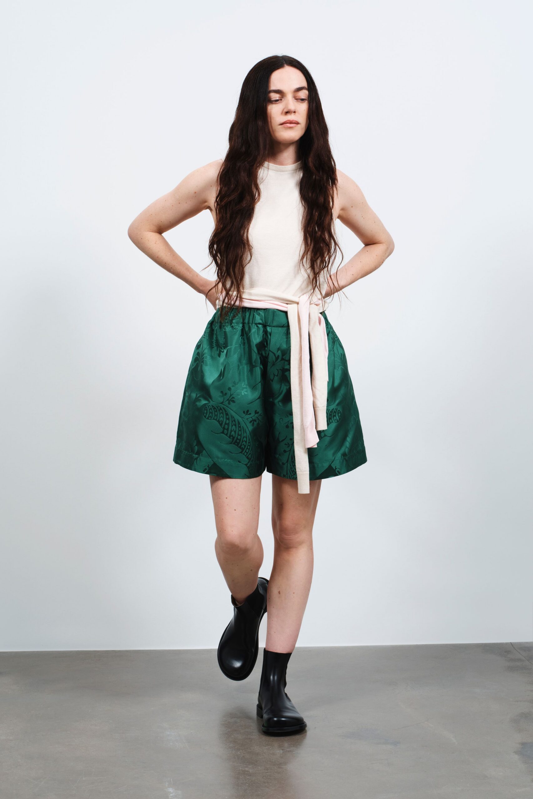 green silk relaxed pleated shorts