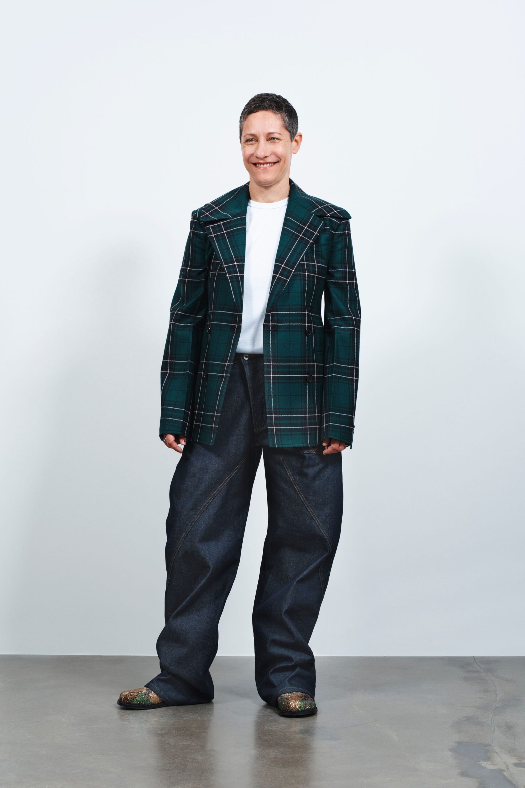 green cotton long-sleeve collared oversized checked jacket