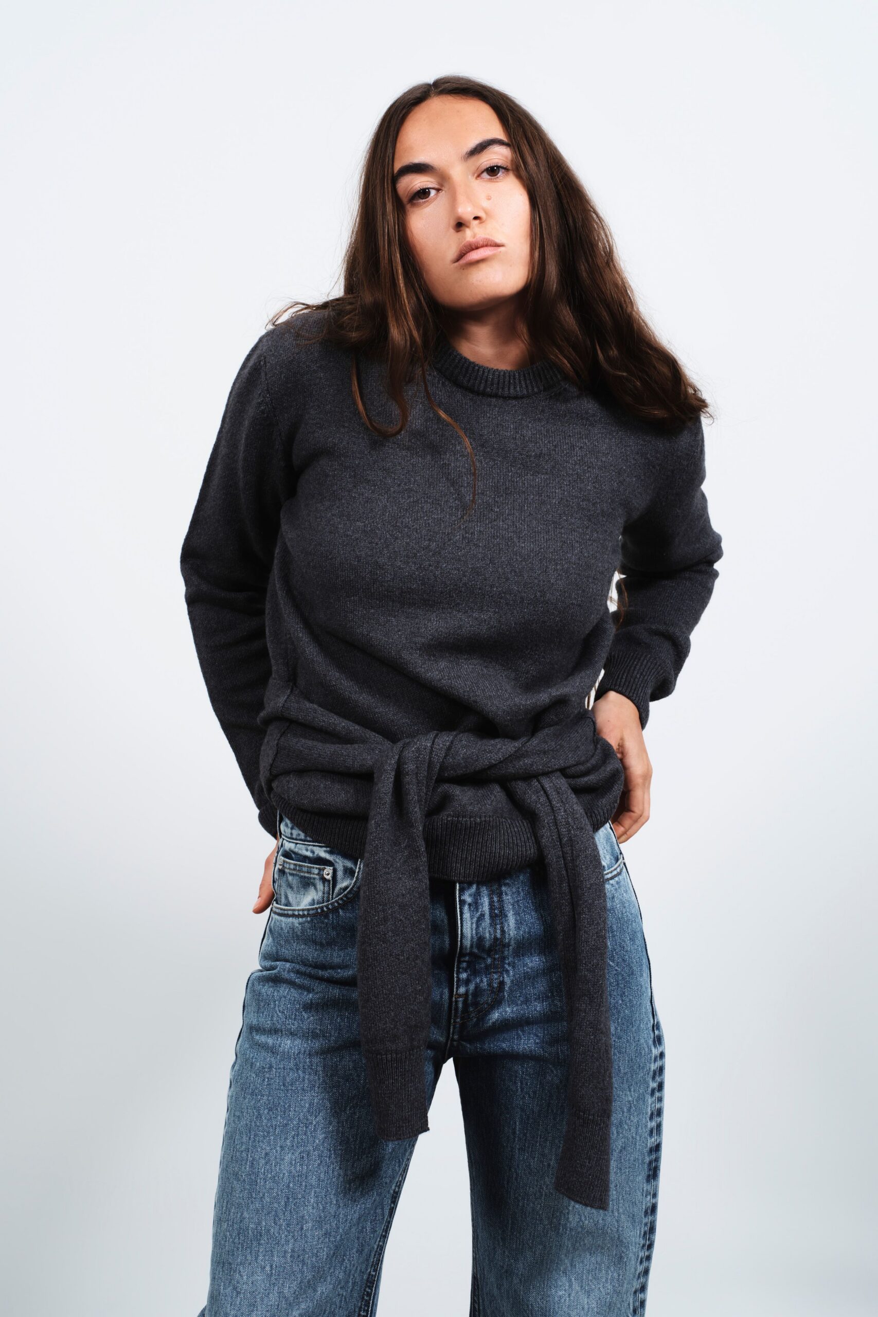 gray wool long-sleeve collared fitted belted sweater