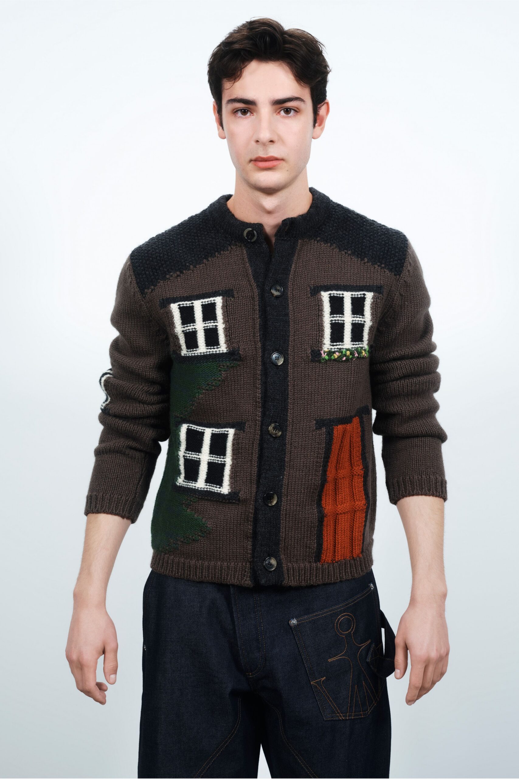 brown wool long-sleeve collared fitted embroidered cardigan