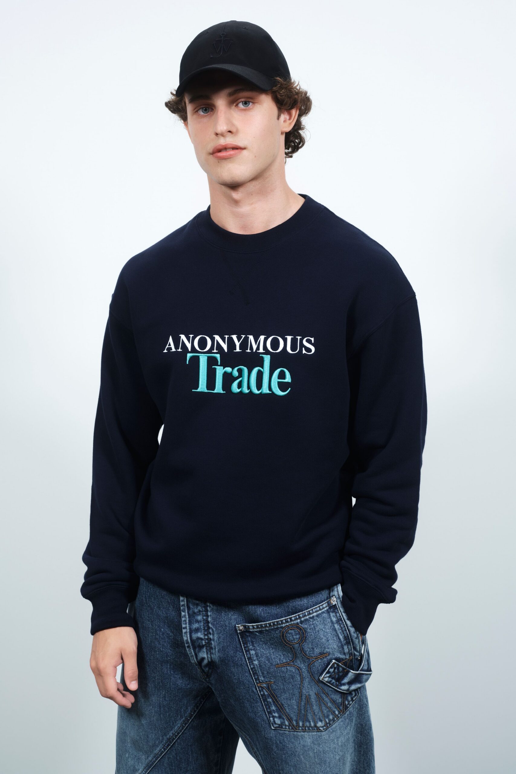 blue cotton long-sleeve collared relaxed printed sweater