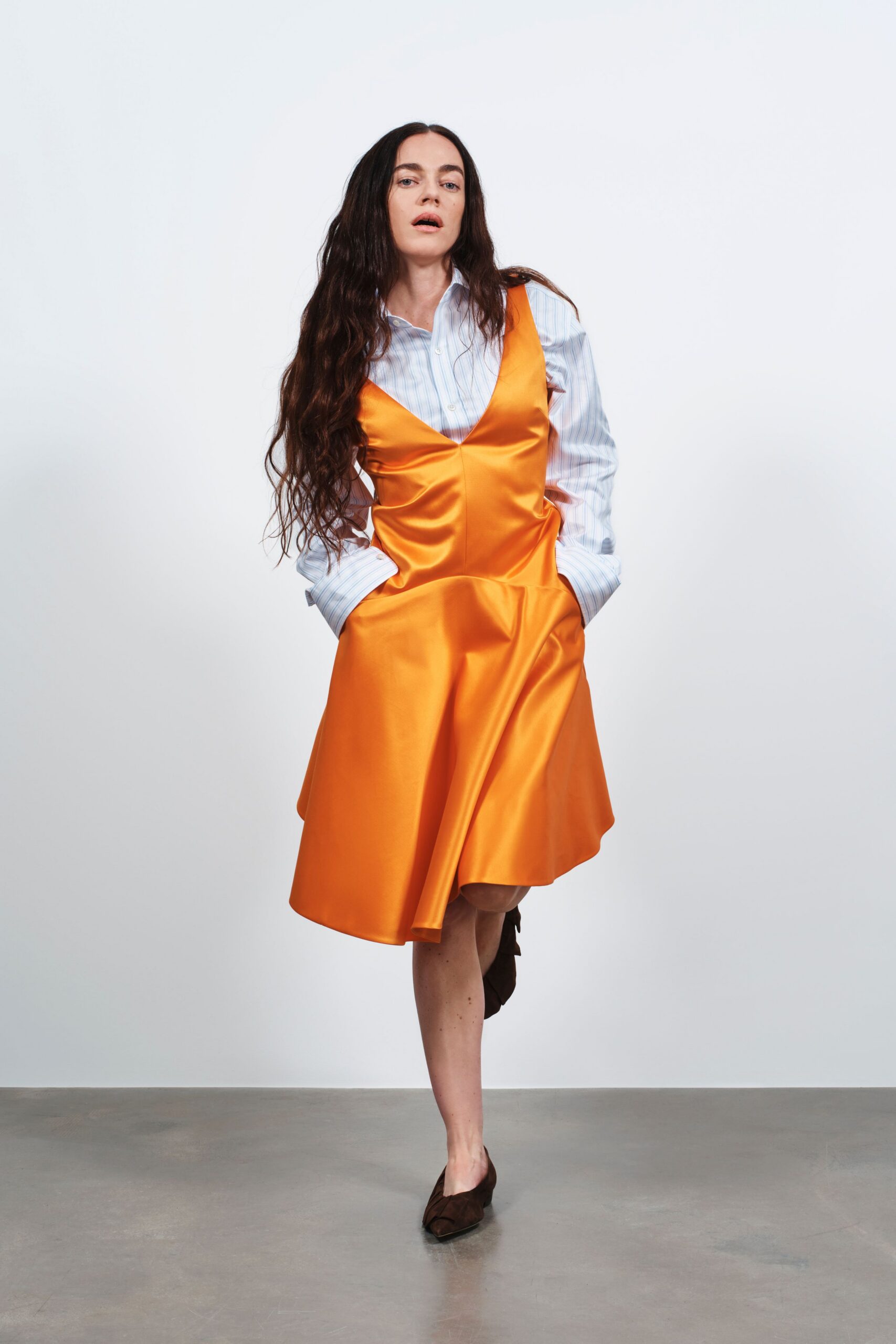 orange satin sleeveless v-neck fitted a-line pockets dress