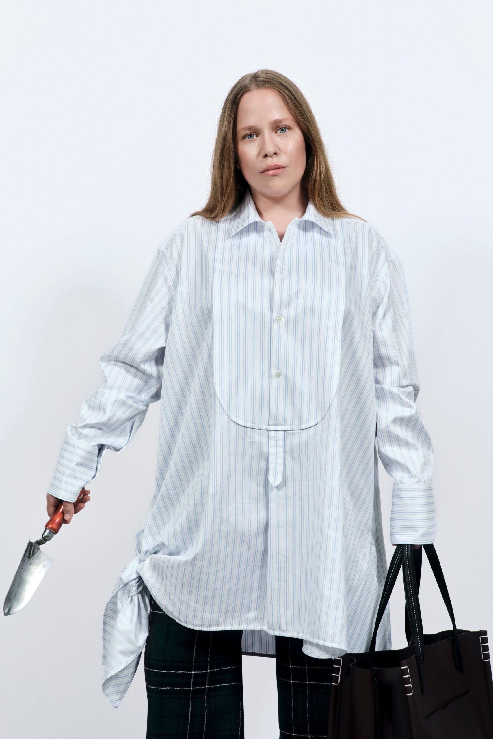 white cotton long-sleeve collared oversized striped shirt