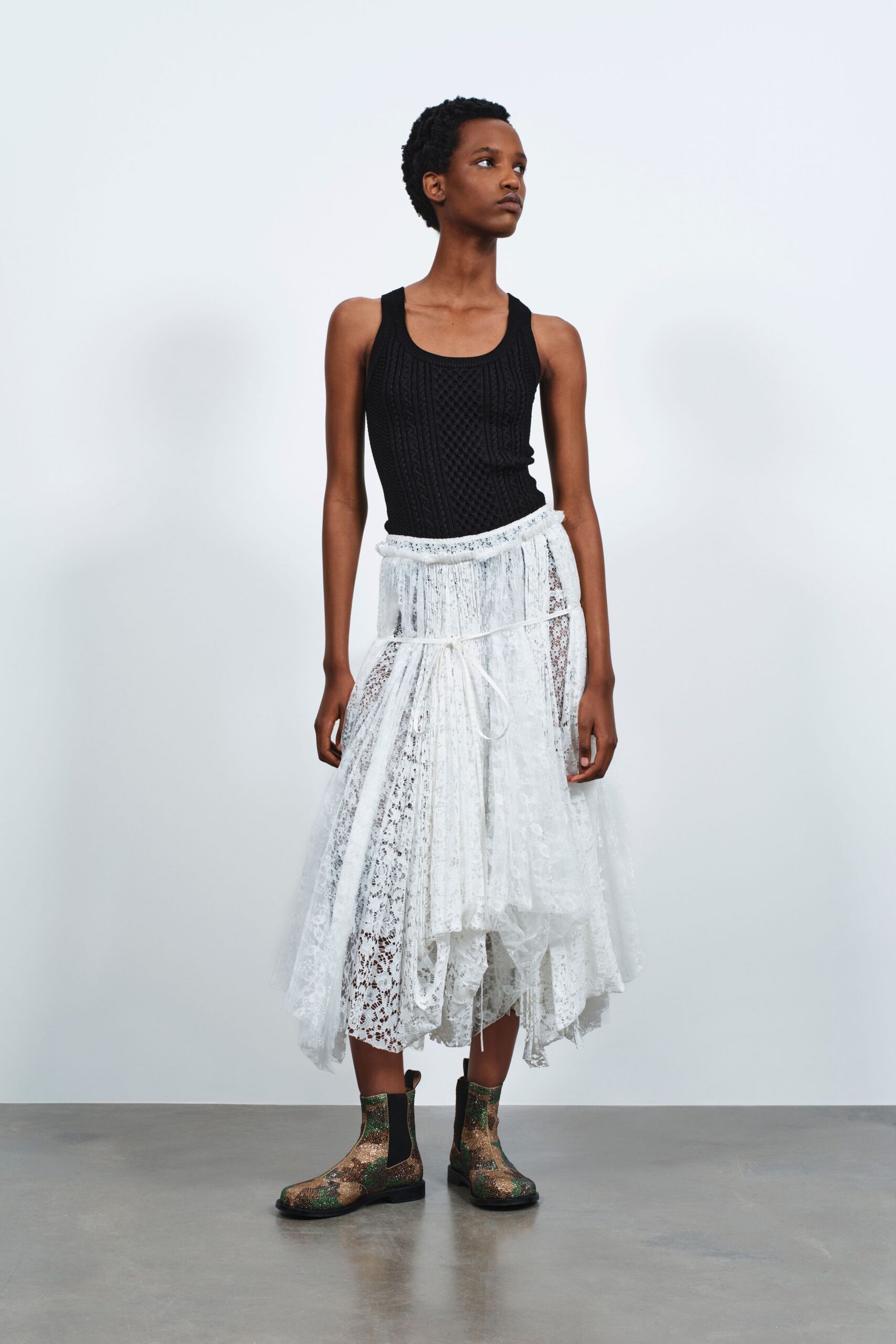 white lace relaxed tiered pleated sheer skirt
