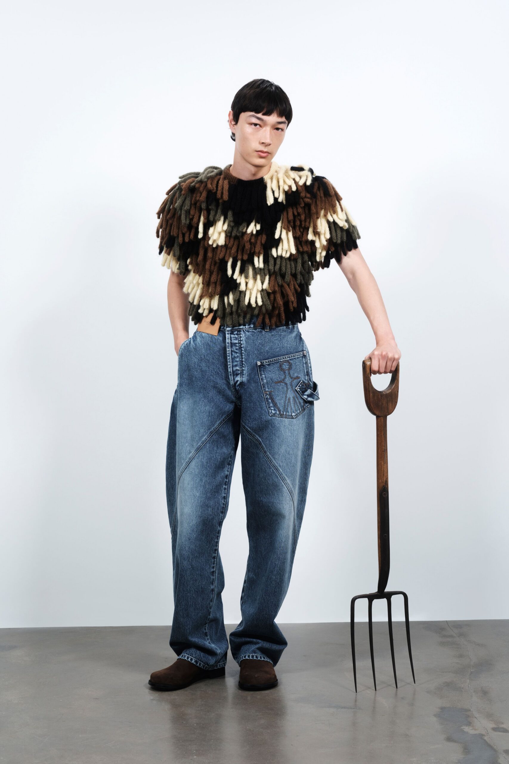 brown wool short-sleeve relaxed layered top