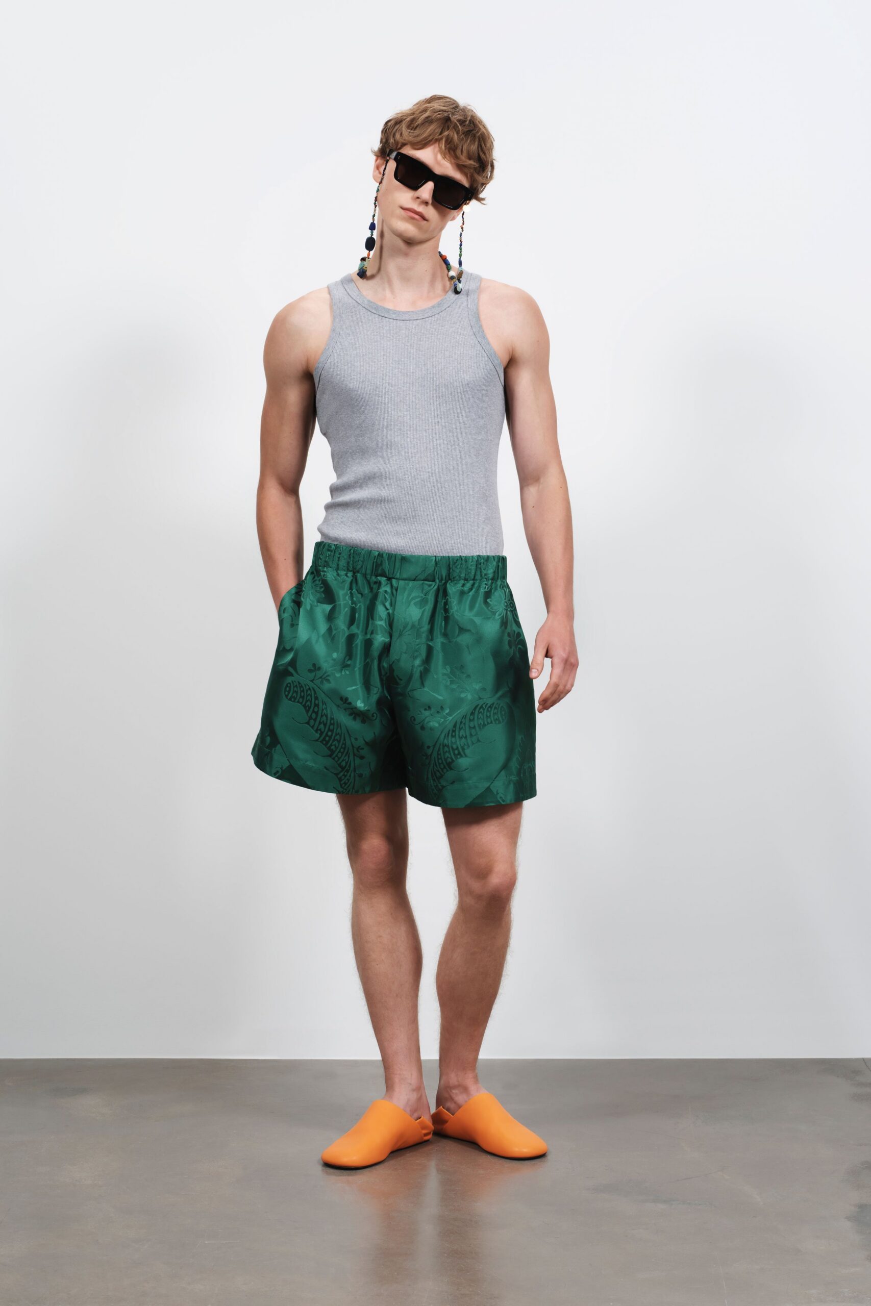 green silk relaxed printed shorts