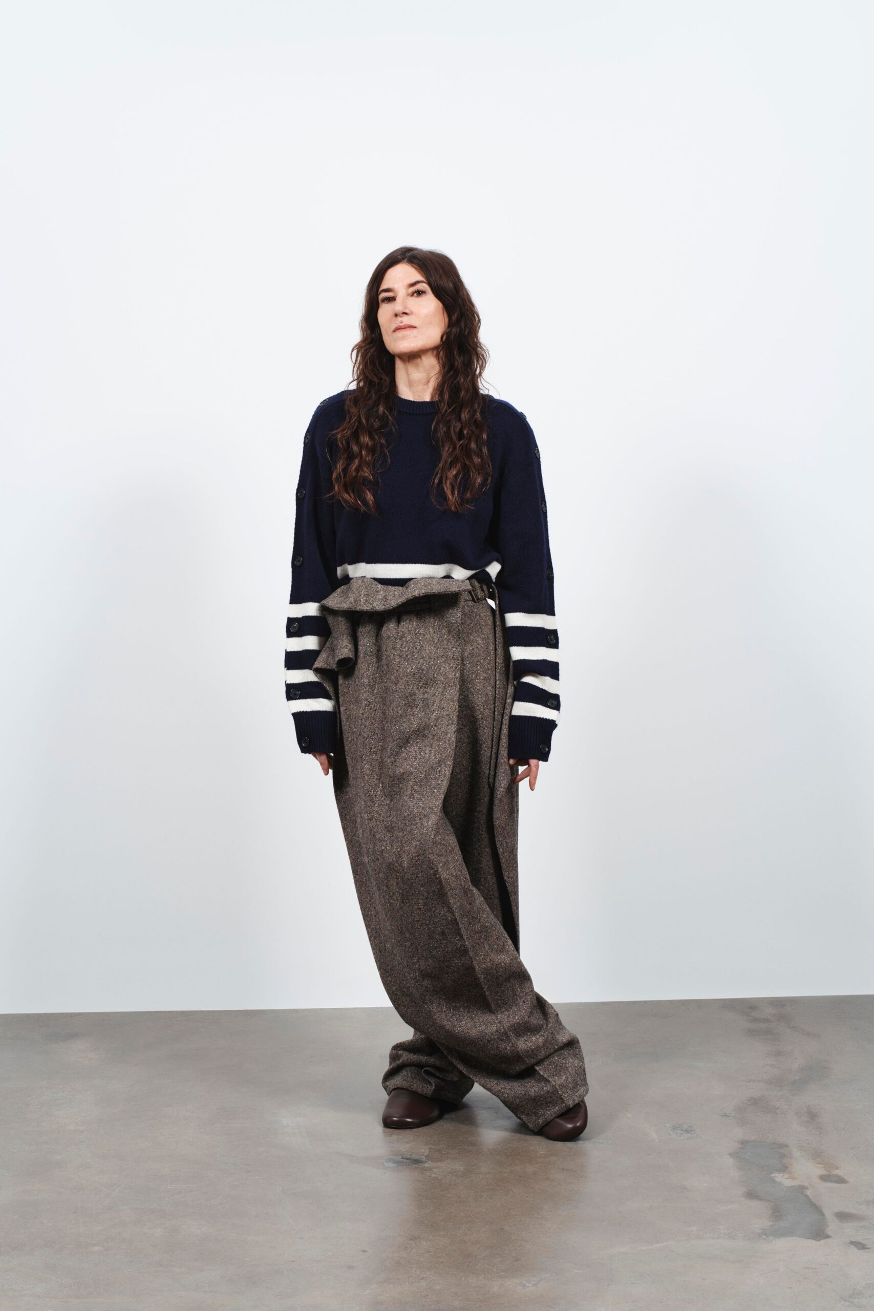 blue cotton long-sleeve collared relaxed striped sweater