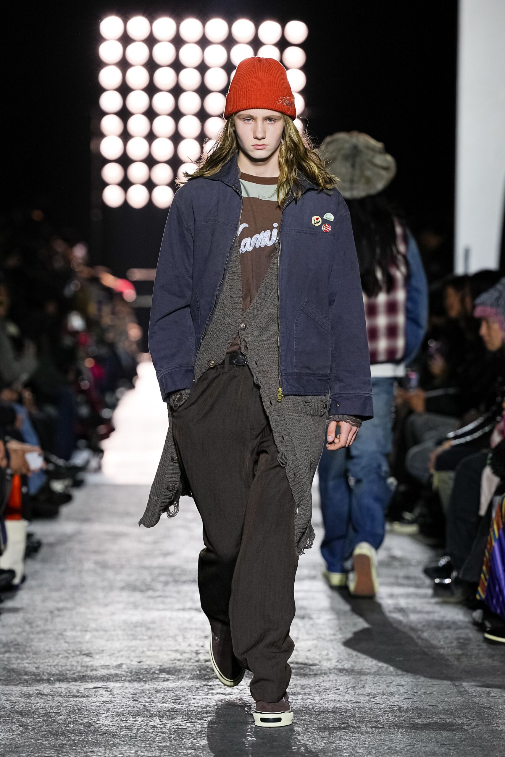 blue relaxed jacket with red hat