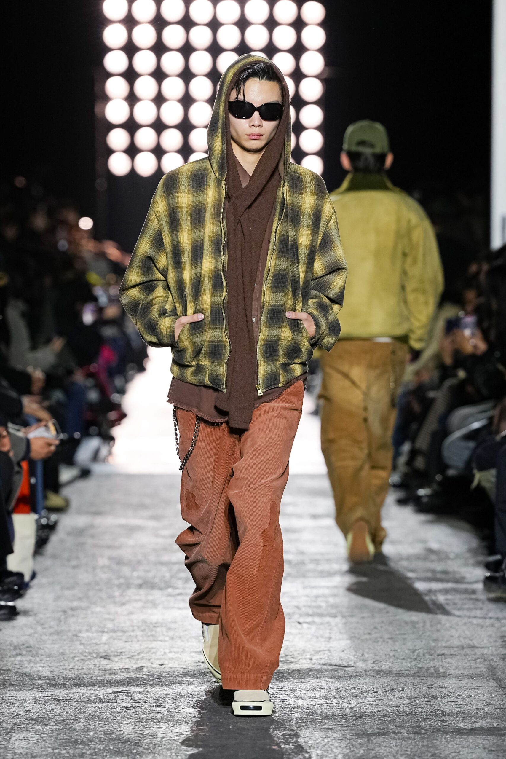yellow cotton long-sleeve hooded relaxed checked hoodie