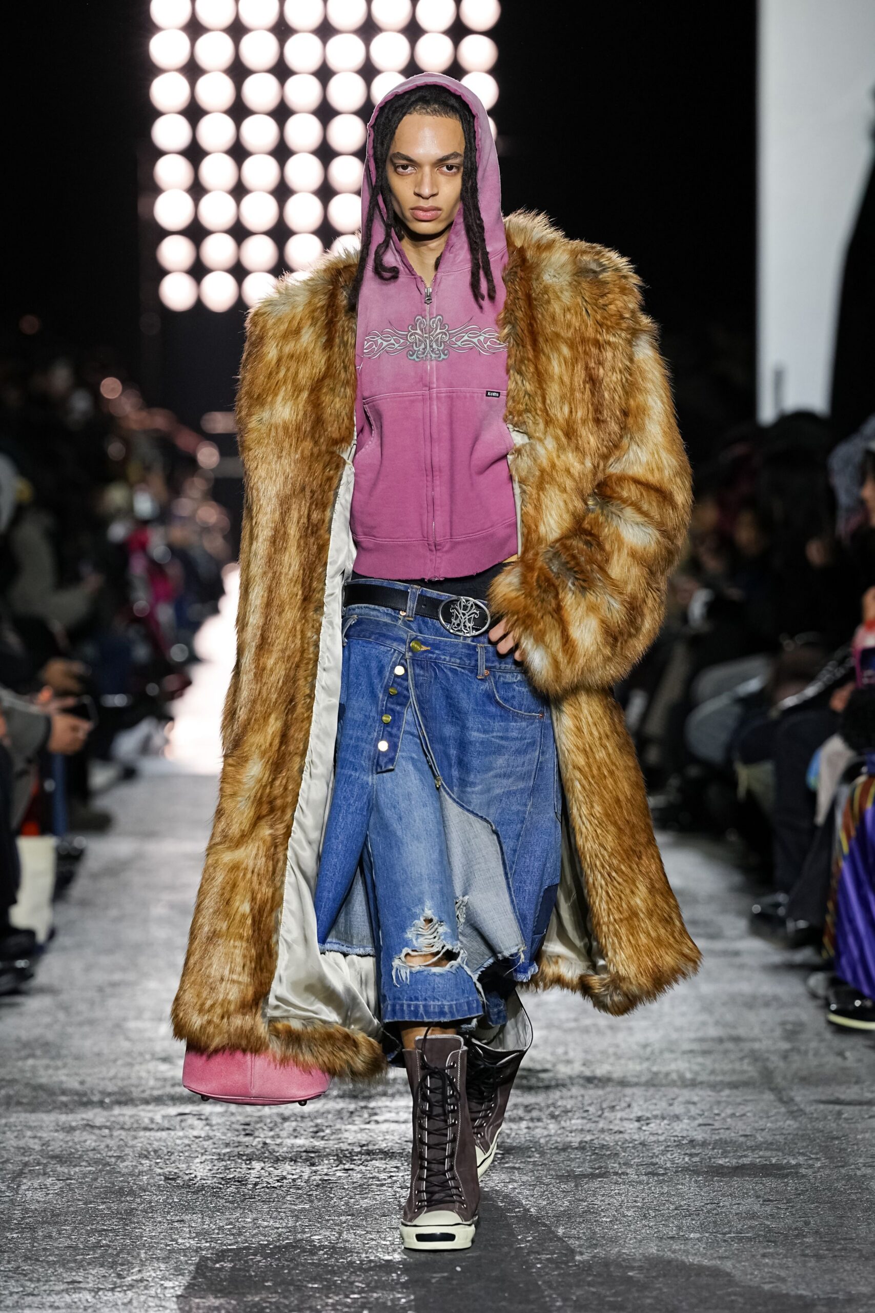 brown faux-fur coat with pink hoodie