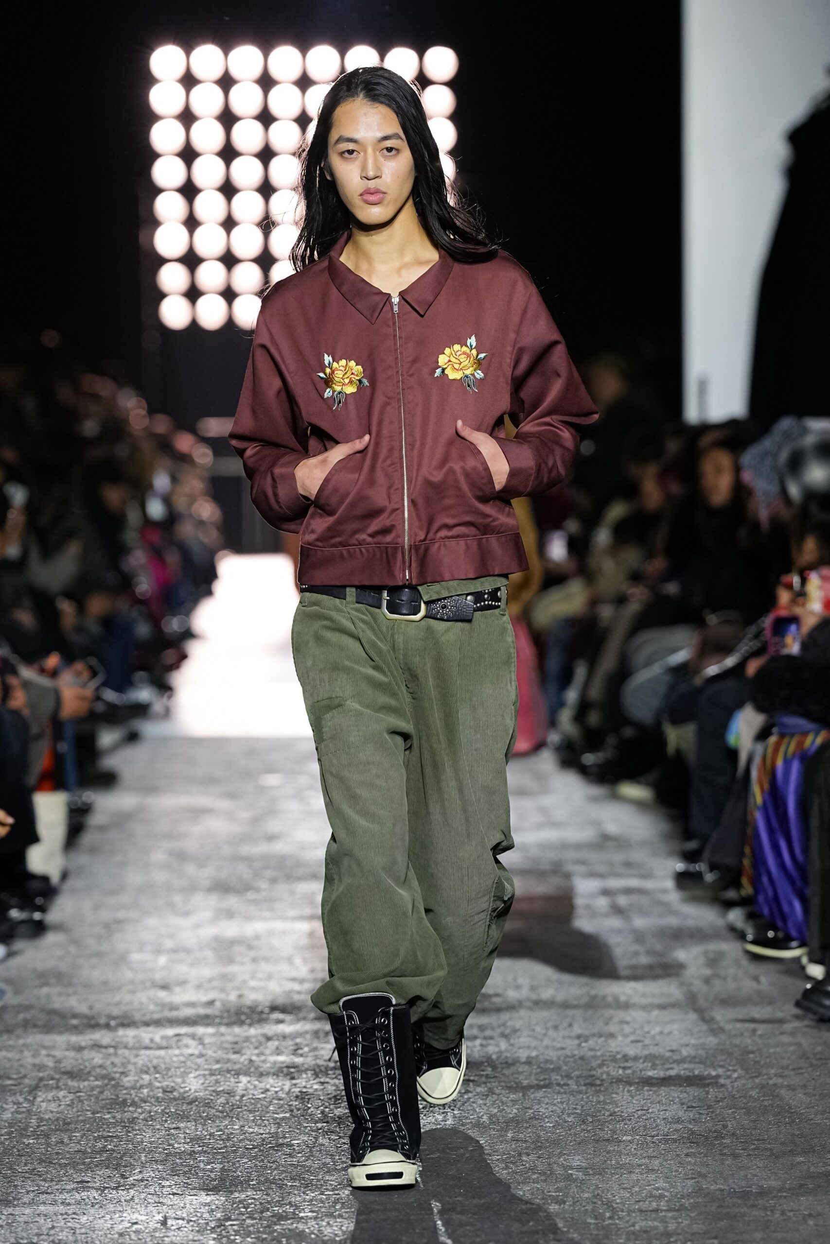 maroon cotton long-sleeve collared relaxed embroidered jacket