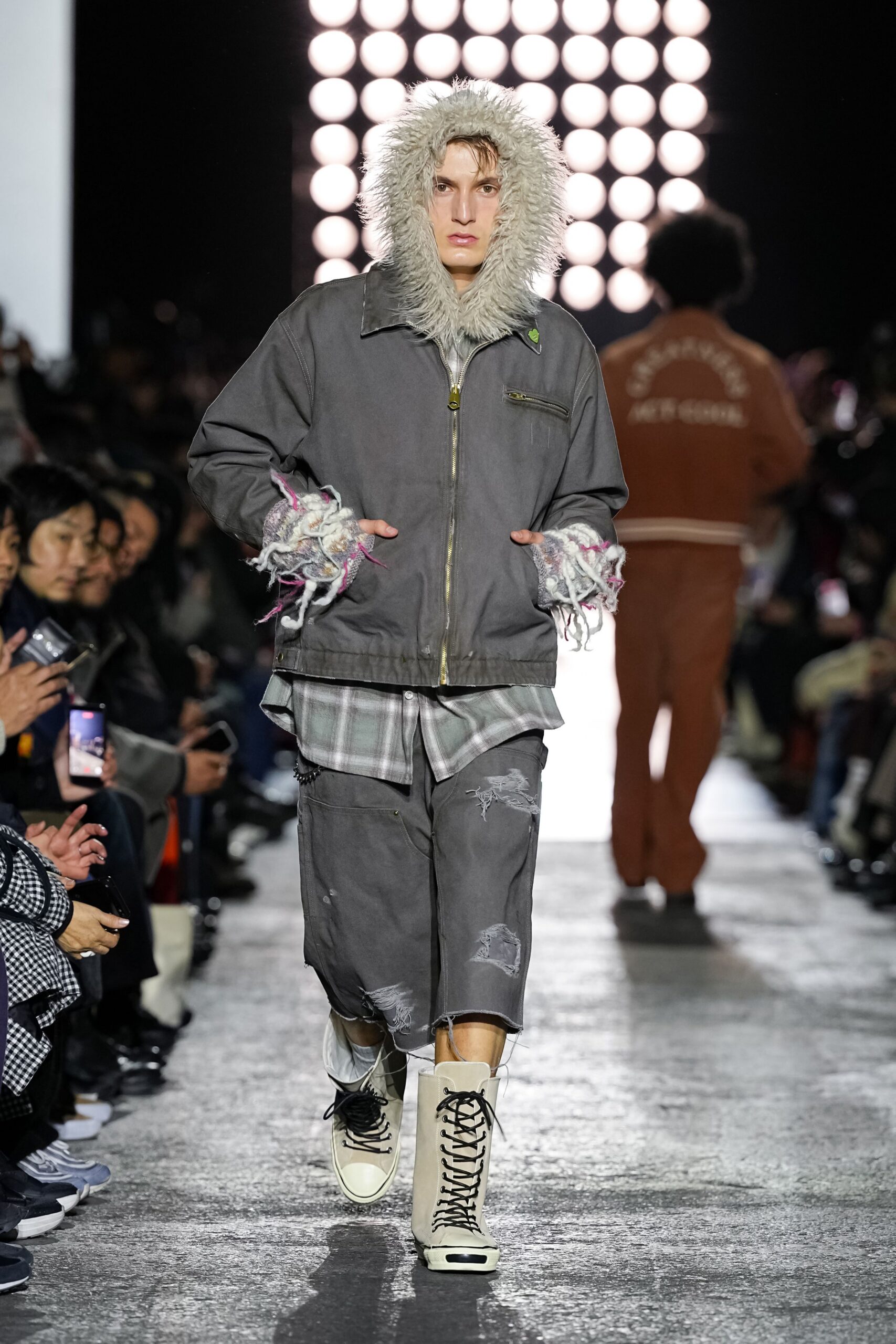 gray cotton long-sleeve collared relaxed zippered fringed jacket