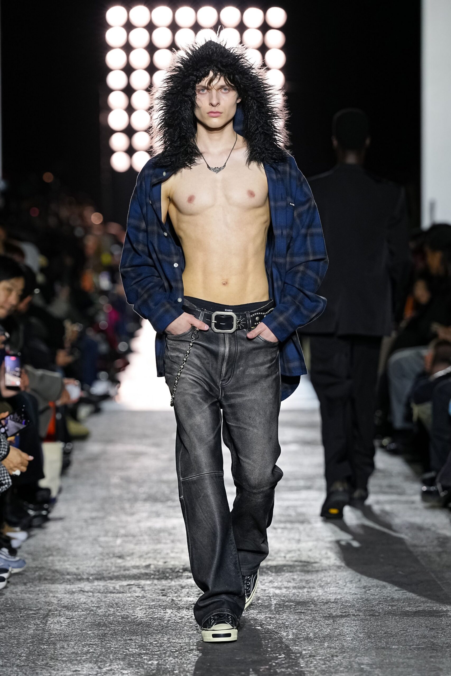 blue checked shirt with relaxed pants