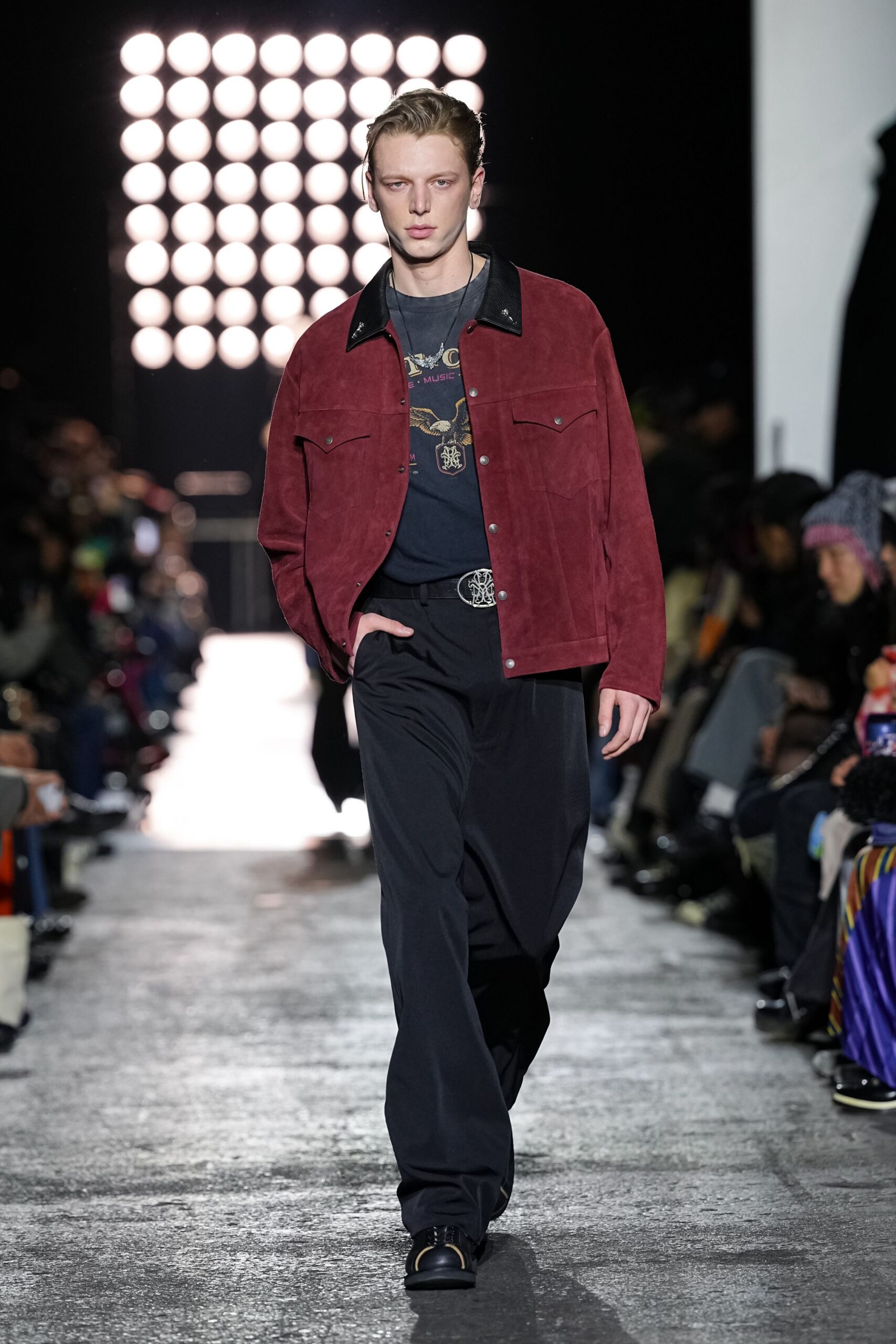 red suede long-sleeve collared relaxed jacket