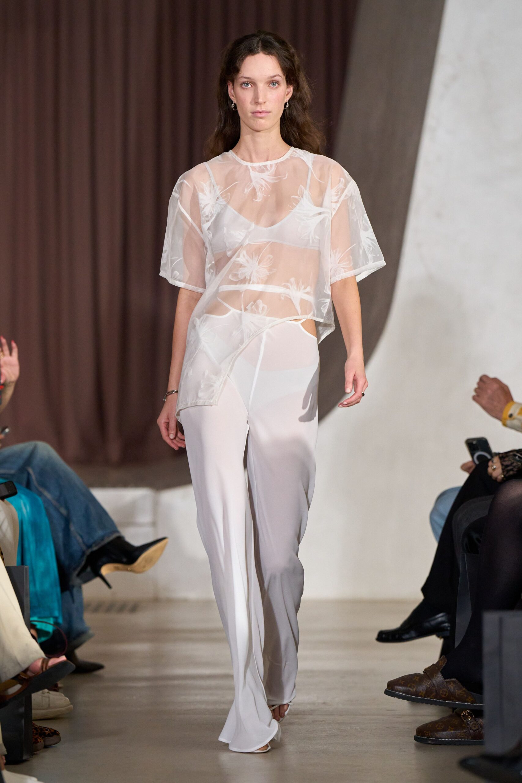 white chiffon fitted straight-leg flowing pants