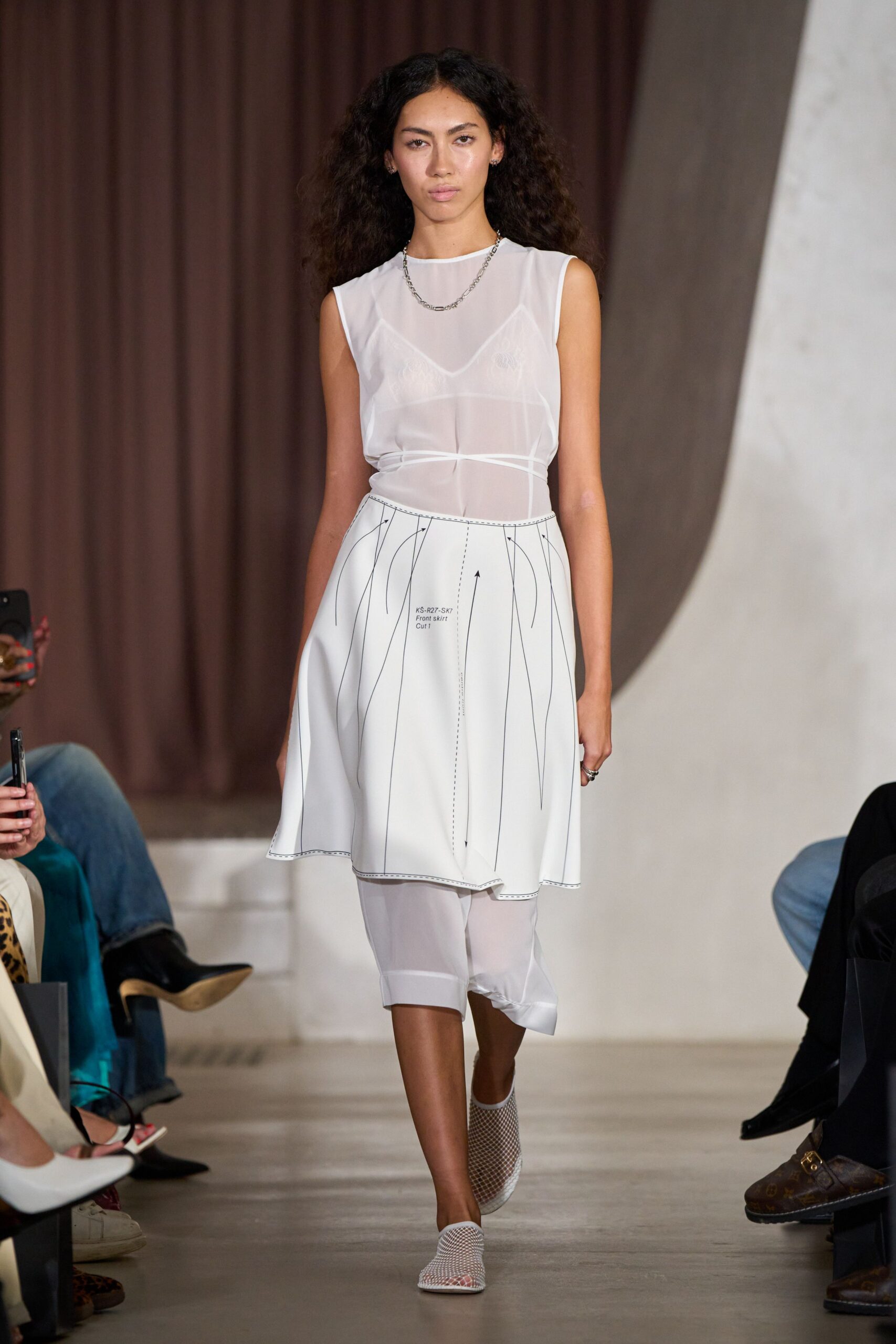 white mesh sleeveless v-neck fitted sheer flowing top