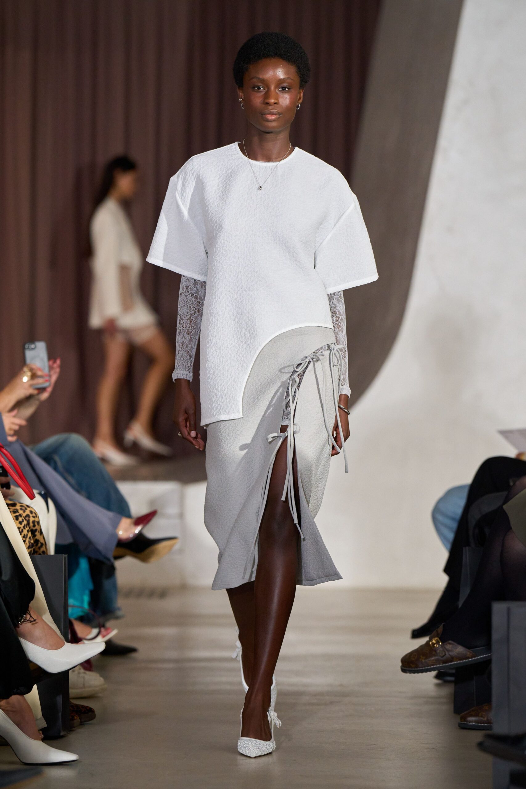 gray cotton asymmetric slit fitted zippered skirt