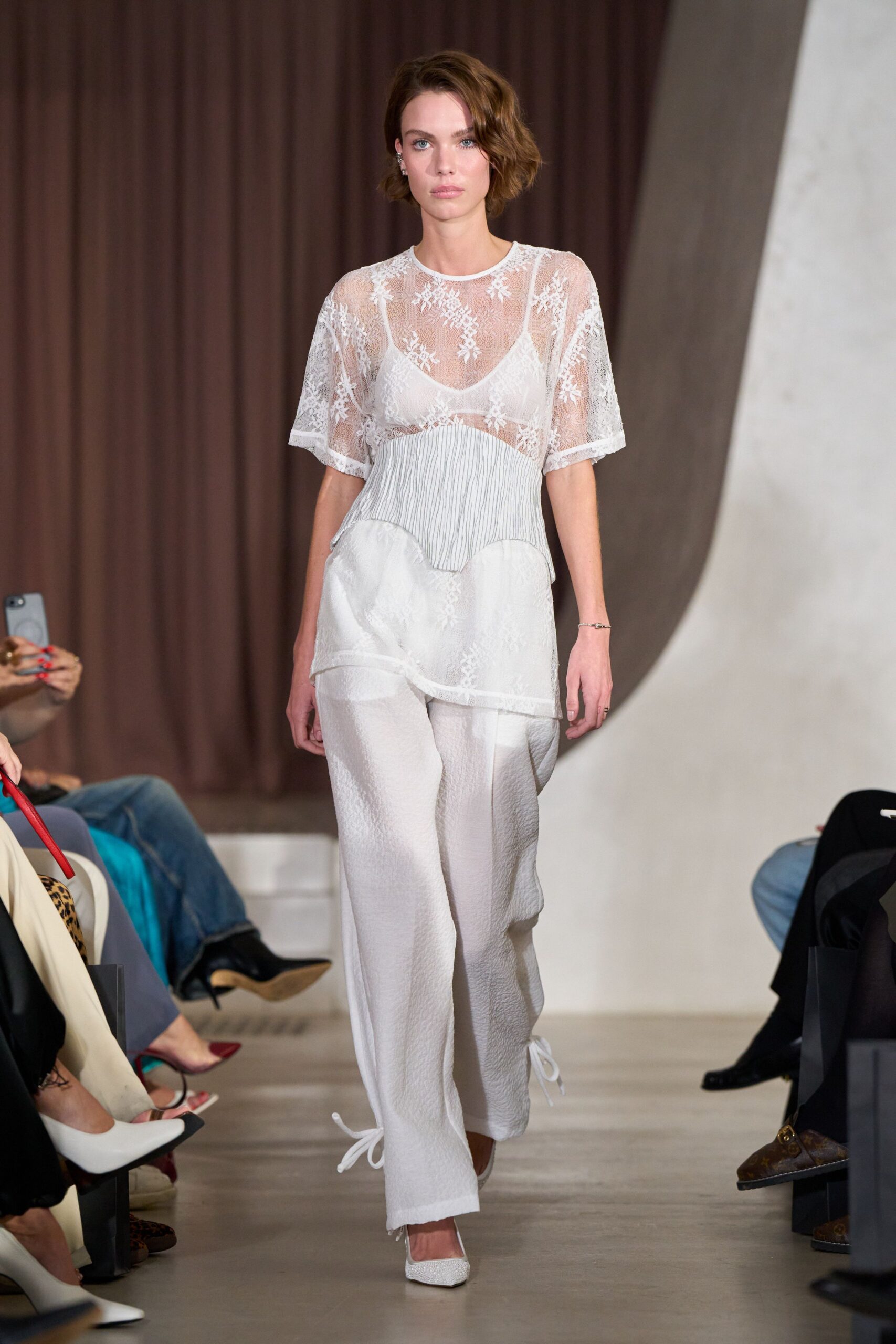 white lace short-sleeve v-neck relaxed embroidered sheer top