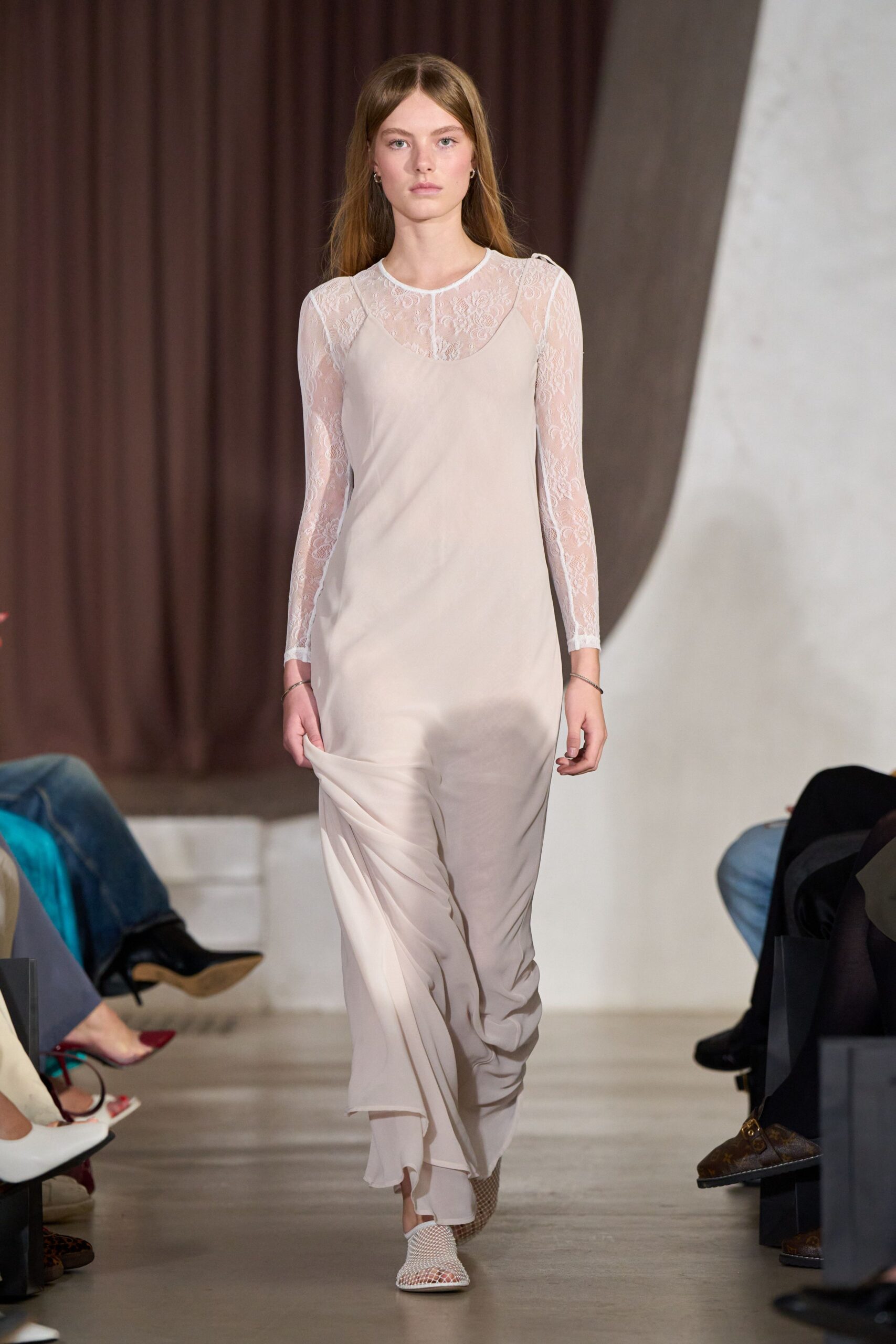beige silk lace long-sleeve dress