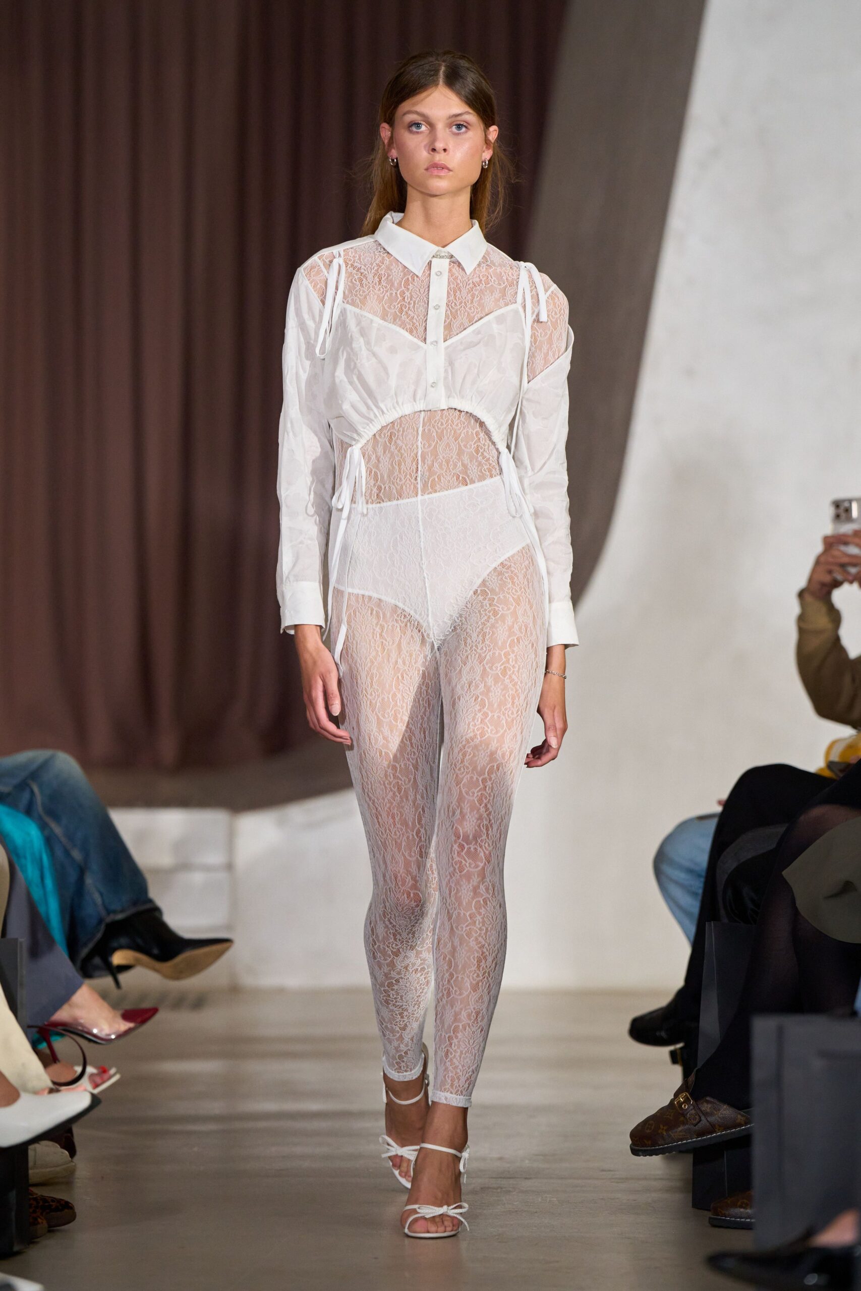 white lace long-sleeve collared fitted sheer shirt