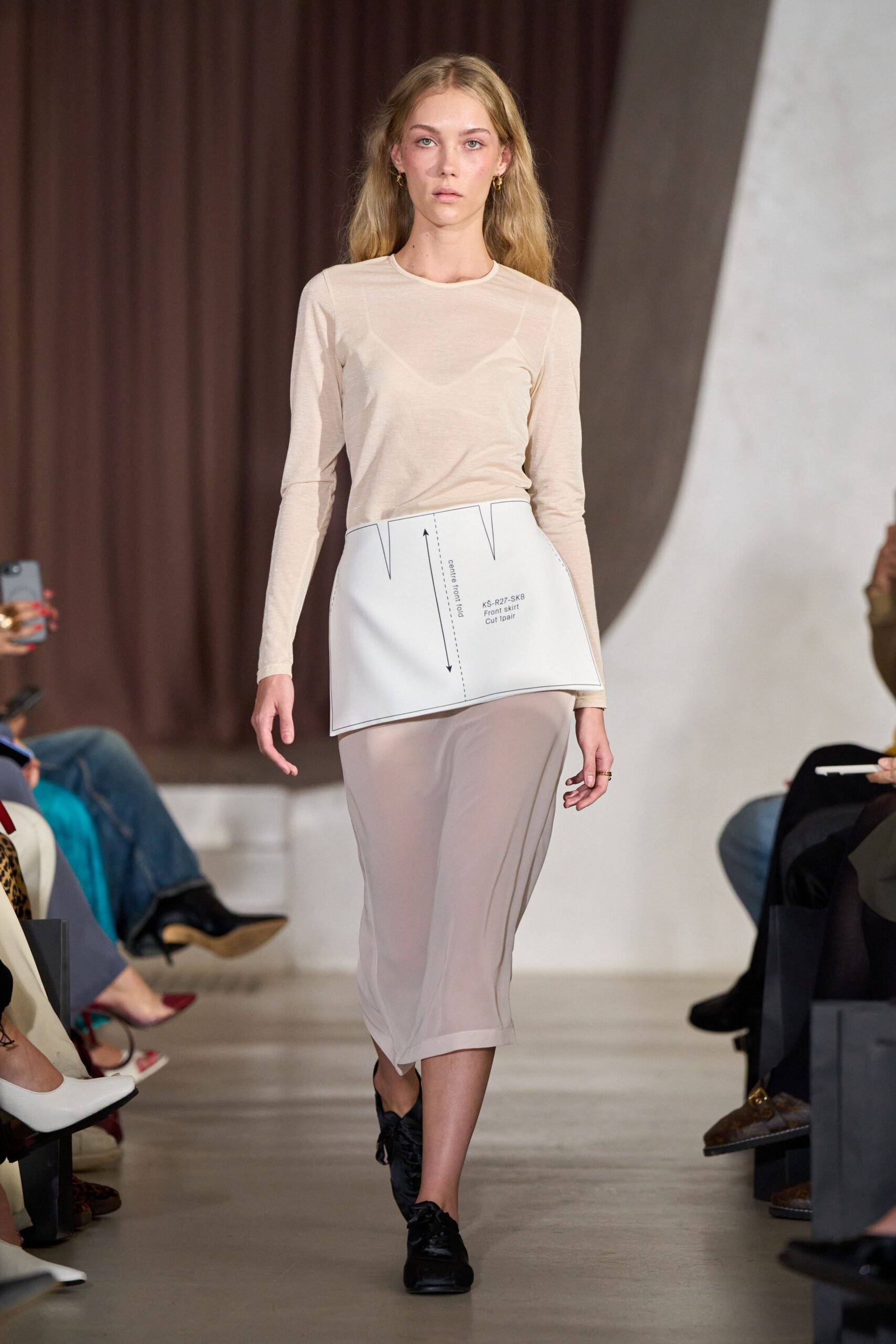 beige silk long-sleeve v-neck fitted layered sheer top