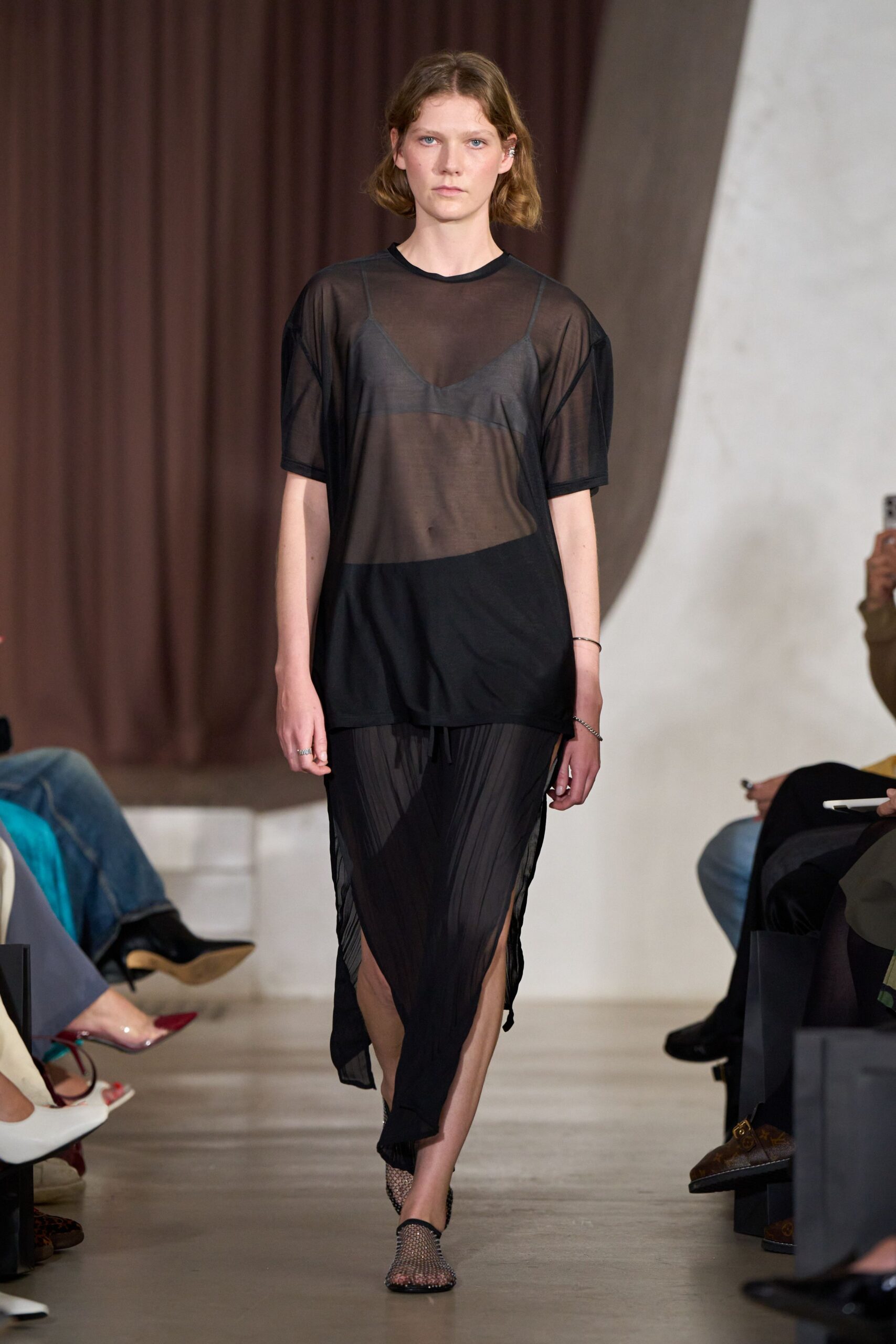 black mesh short-sleeve v-neck relaxed sheer top