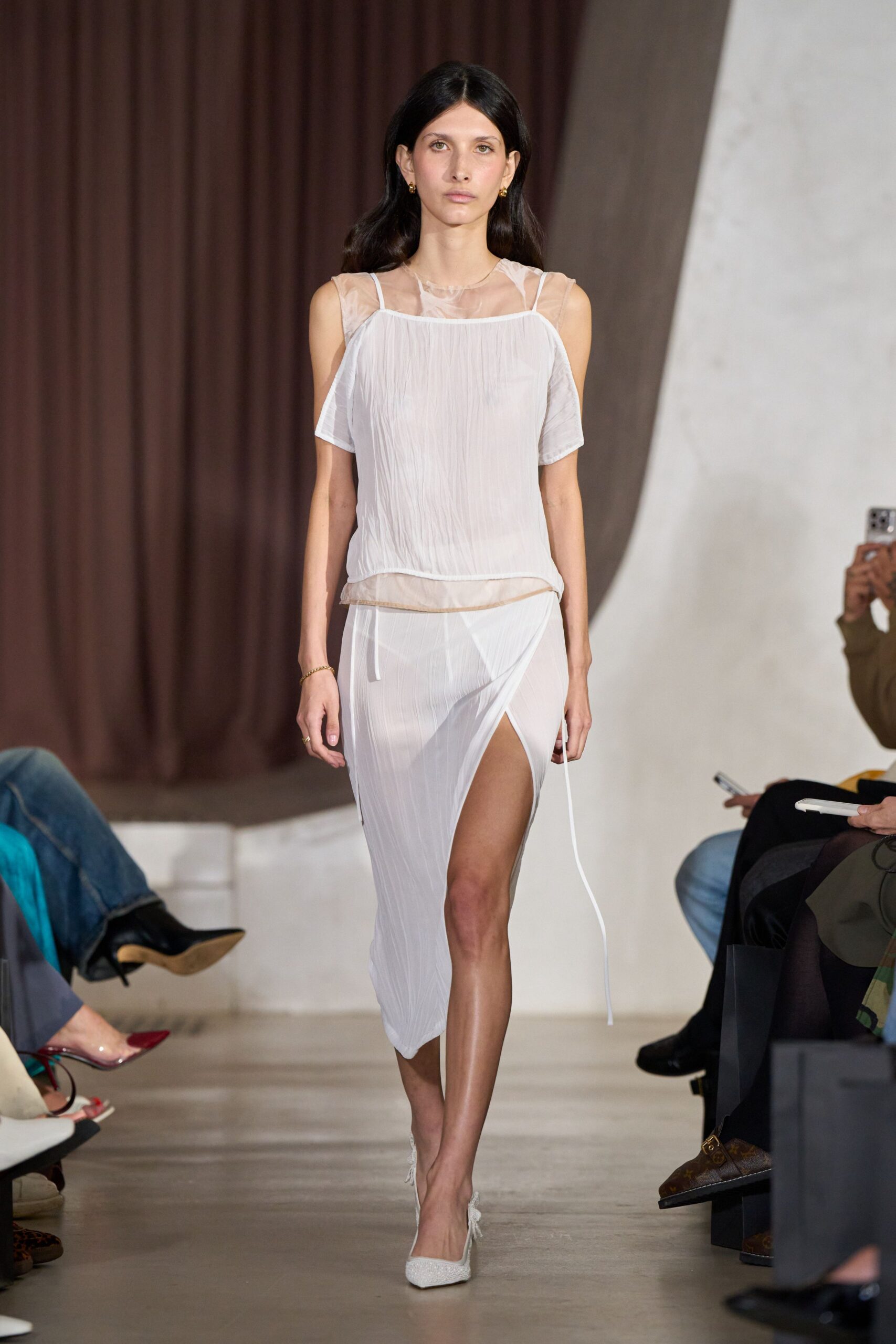 white silk sleeveless v-neck fitted pleated sheer dress