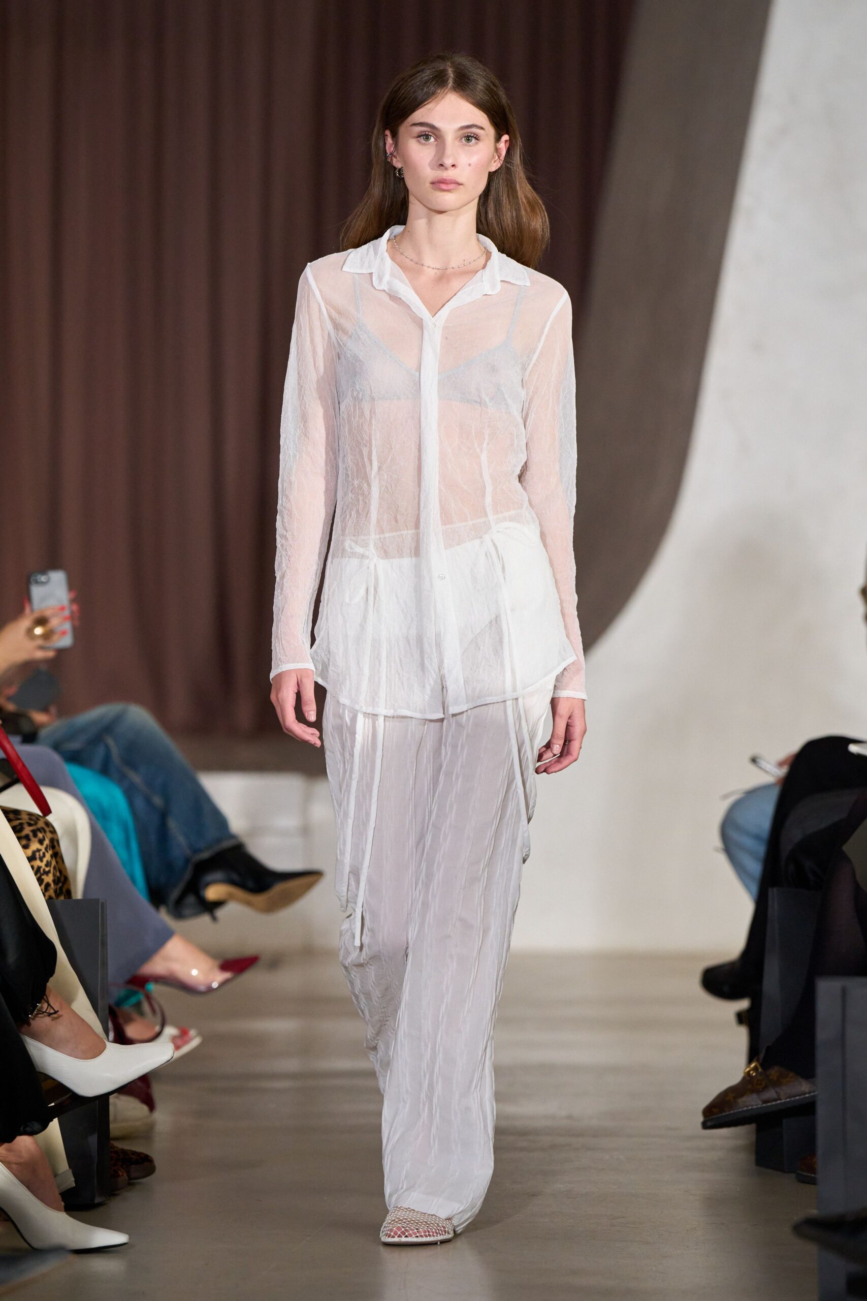 white chiffon long-sleeve collared relaxed sheer shirt