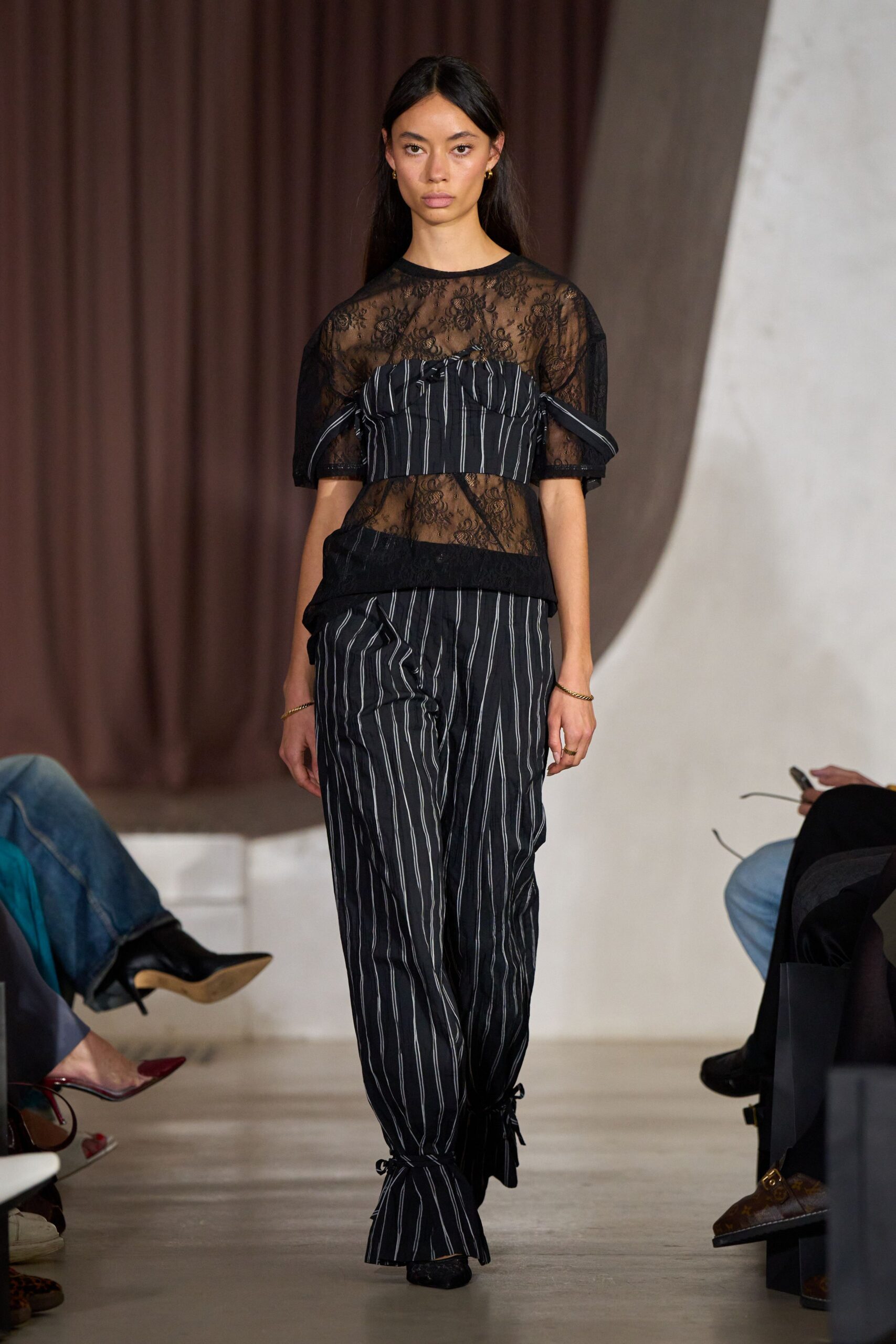 black lace short-sleeve v-neck fitted striped sheer top