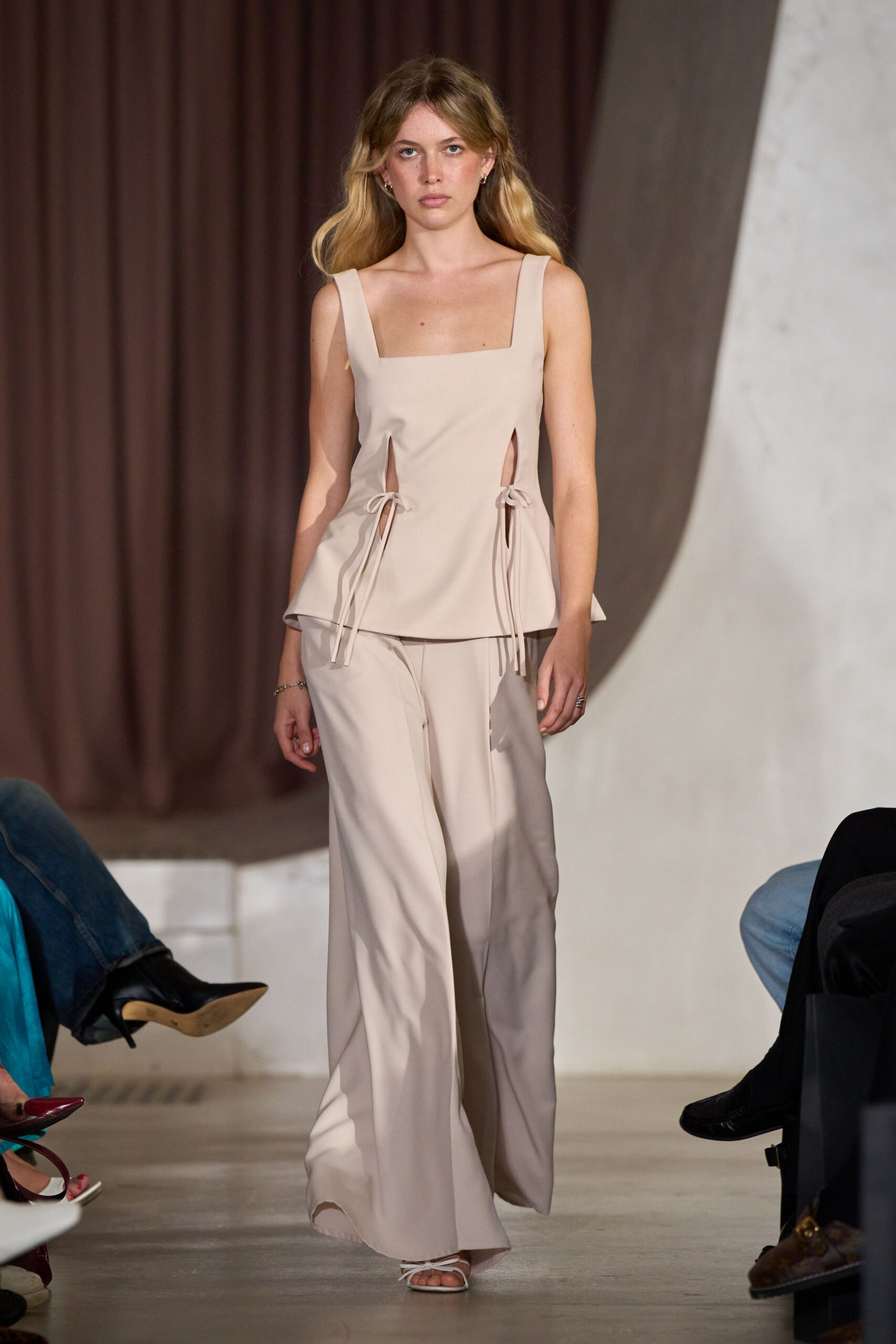 beige silk sleeveless square-neck fitted layered top
