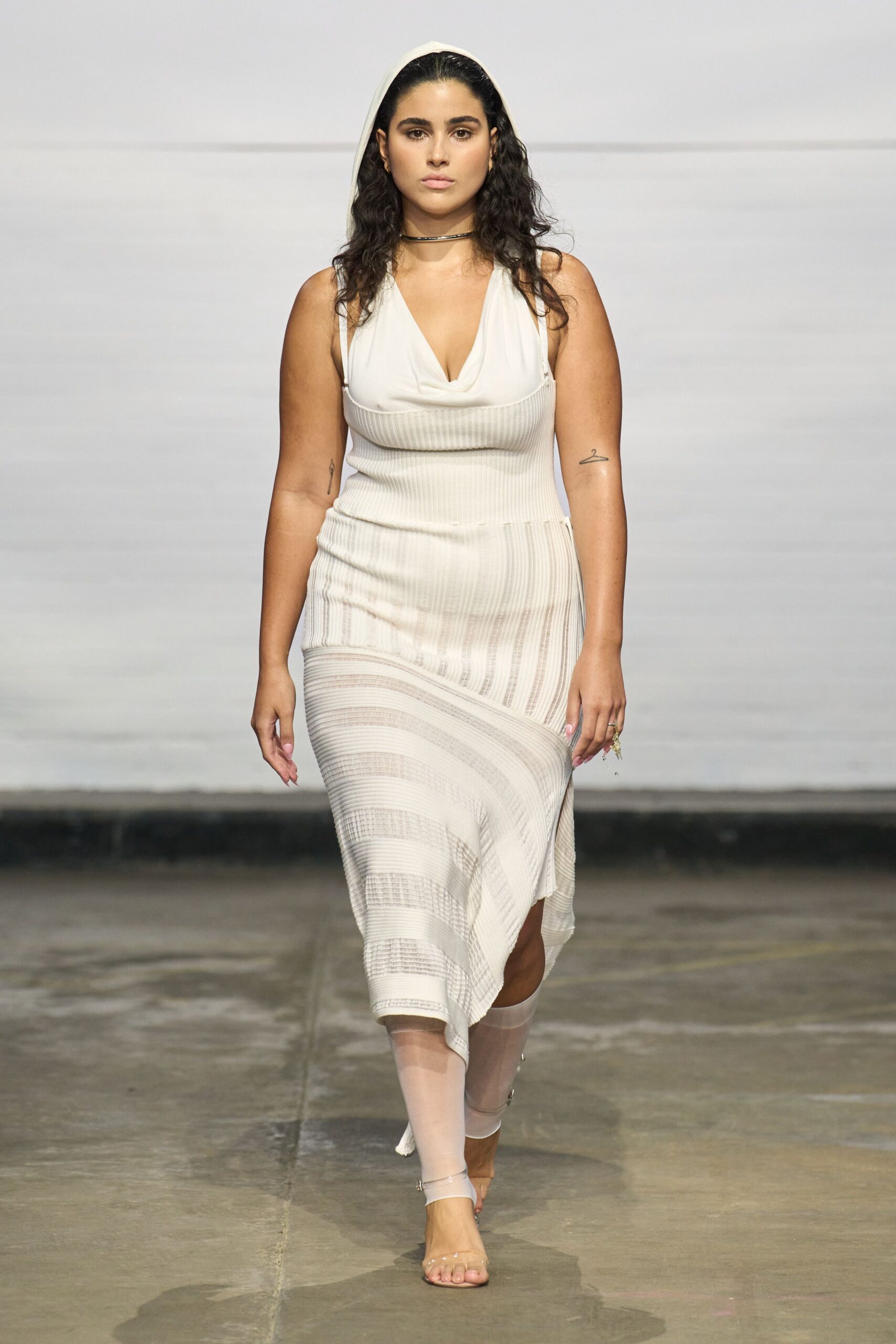 white cotton sleeveless v-neck fitted pleated draped dress