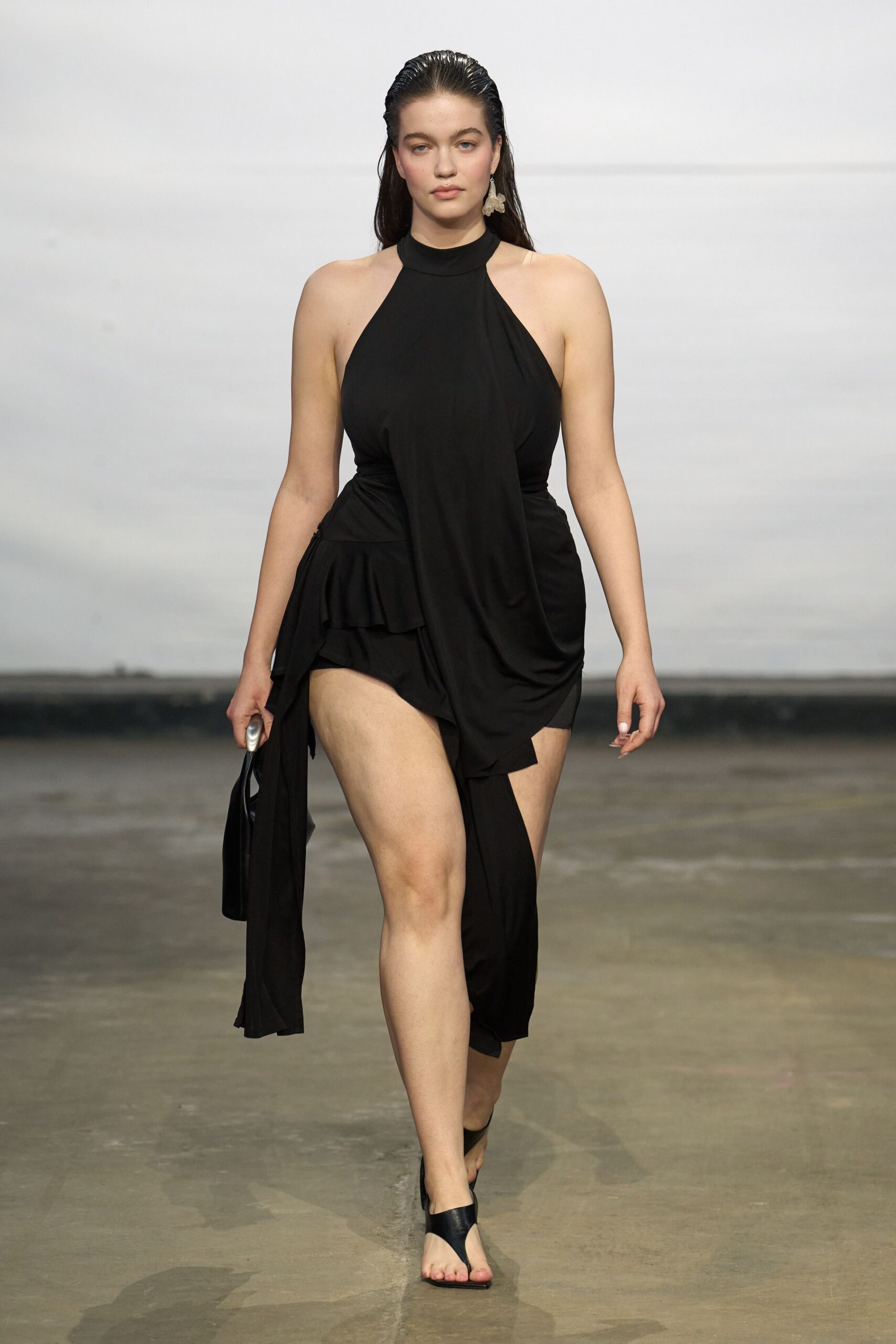 black silk sleeveless halter fitted ruched mini dress