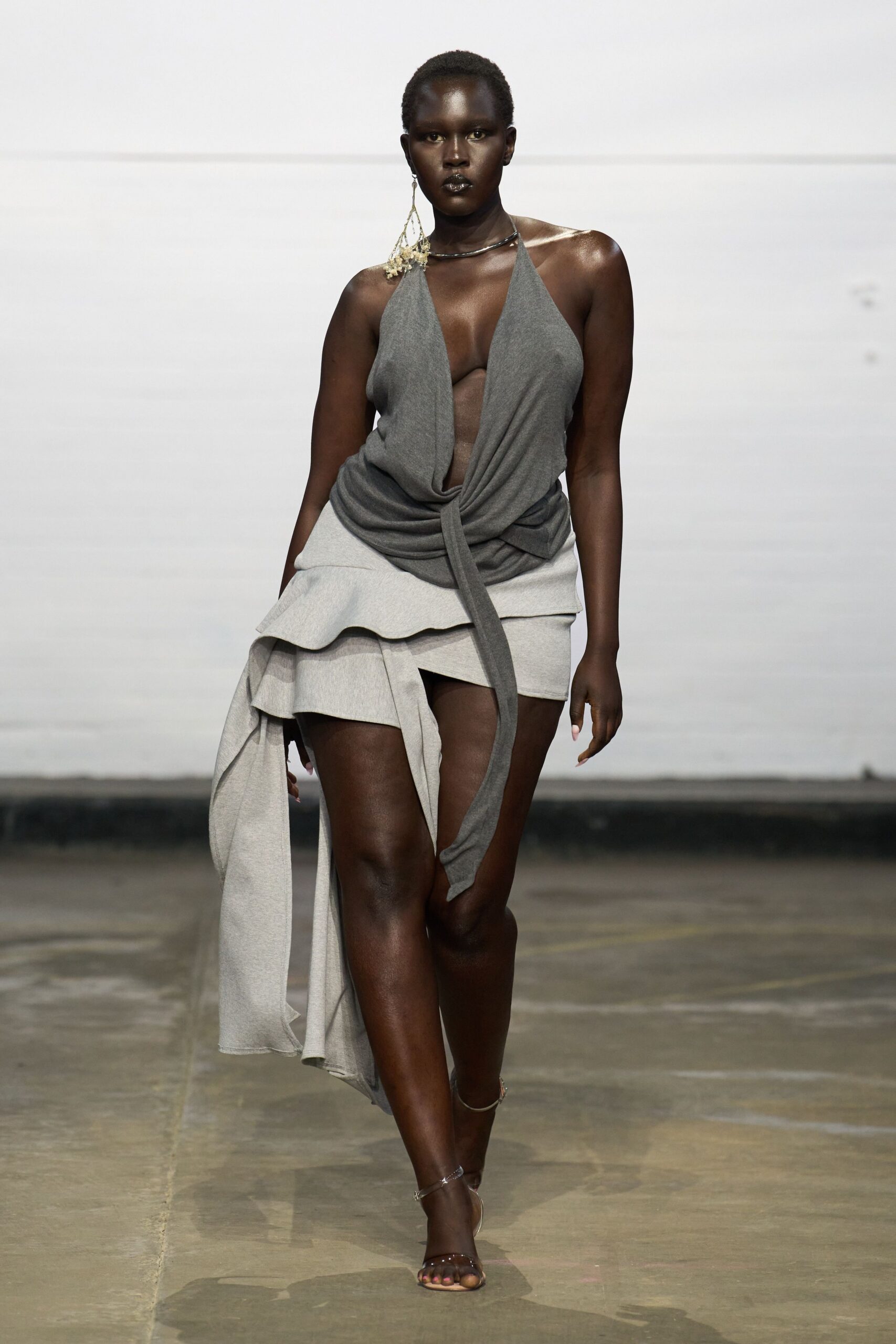 gray cotton sleeveless v-neck fitted draped mini dress