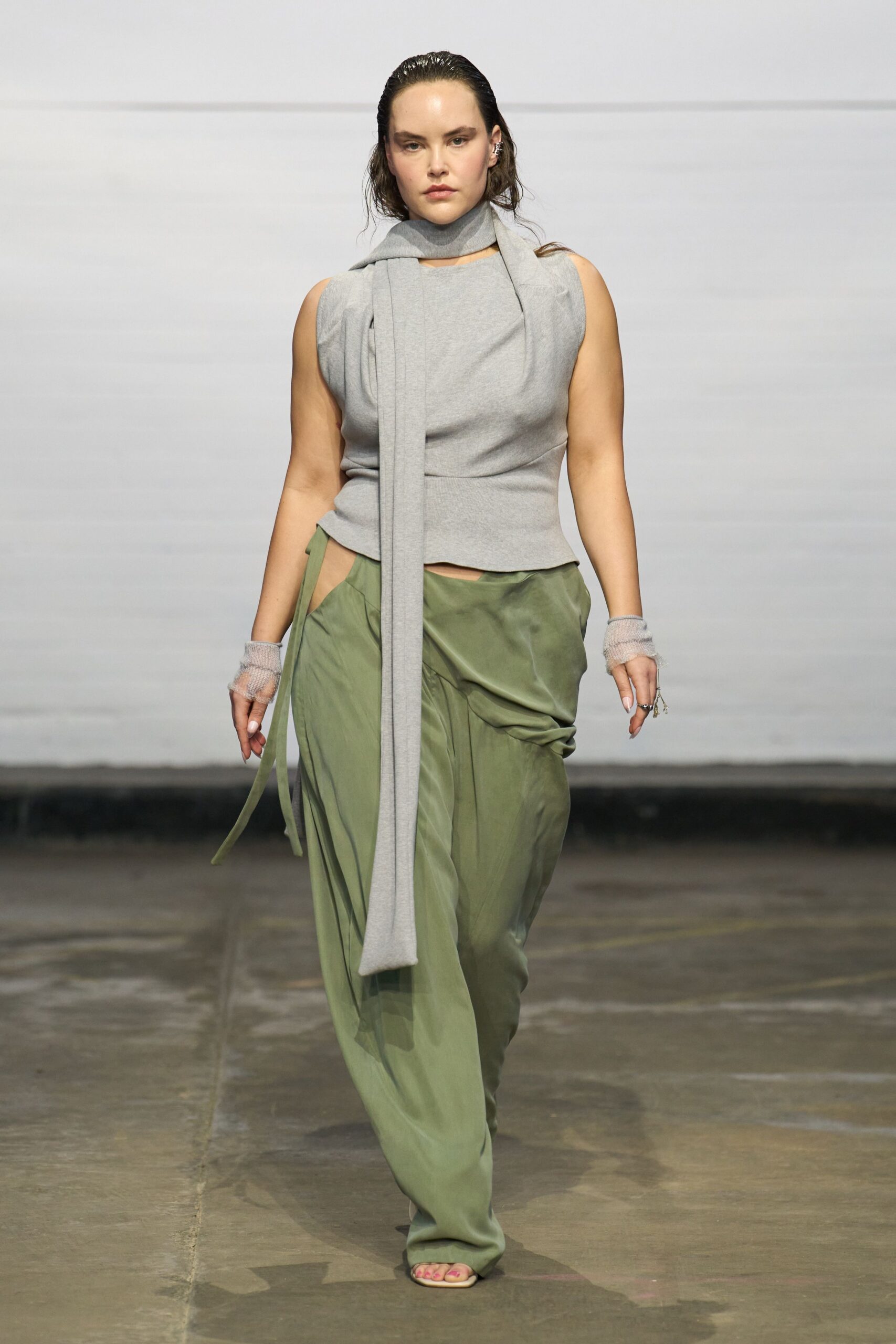 gray cotton sleeveless high-neck fitted layered top