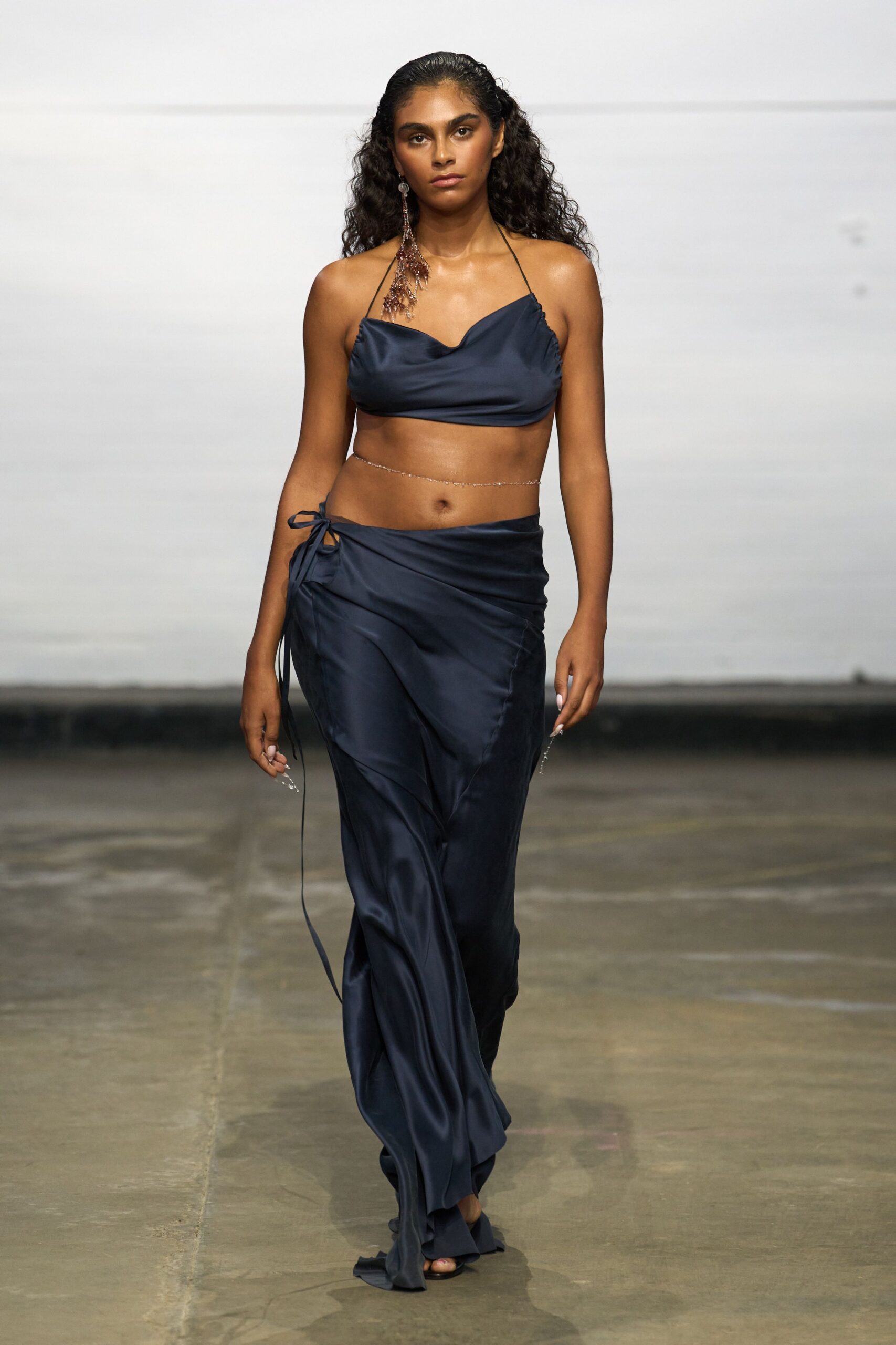 blue silk fitted high-waisted ruched flowing maxi skirt