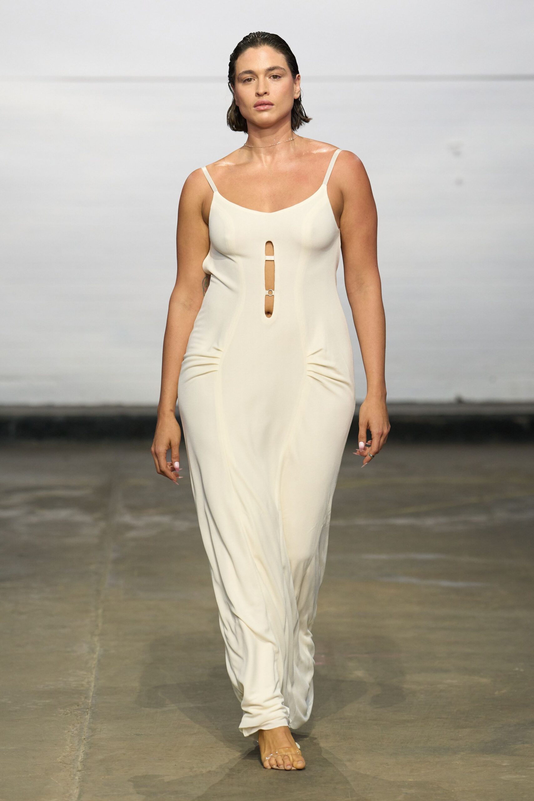 beige fitted sleeveless gown