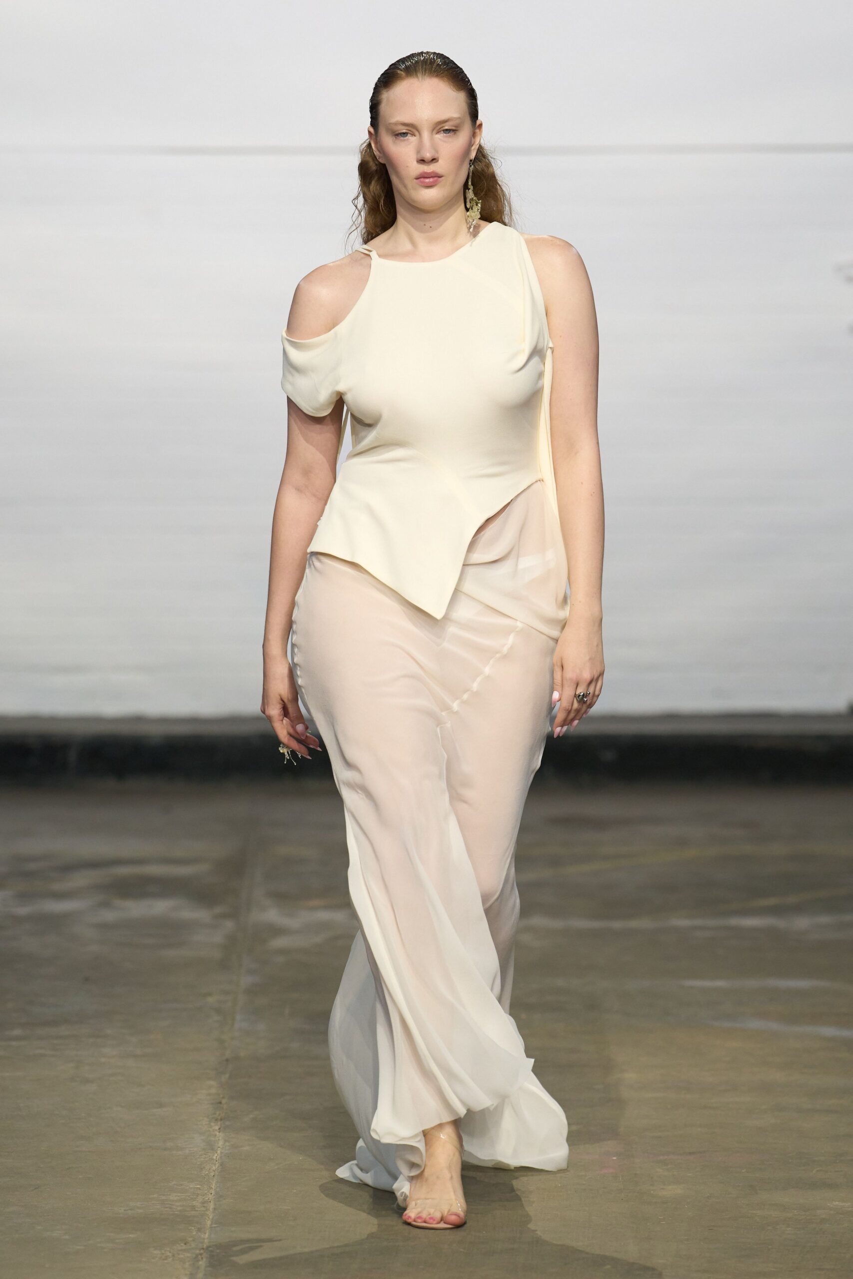 white chiffon long-sleeve fitted layered flowing maxi gown