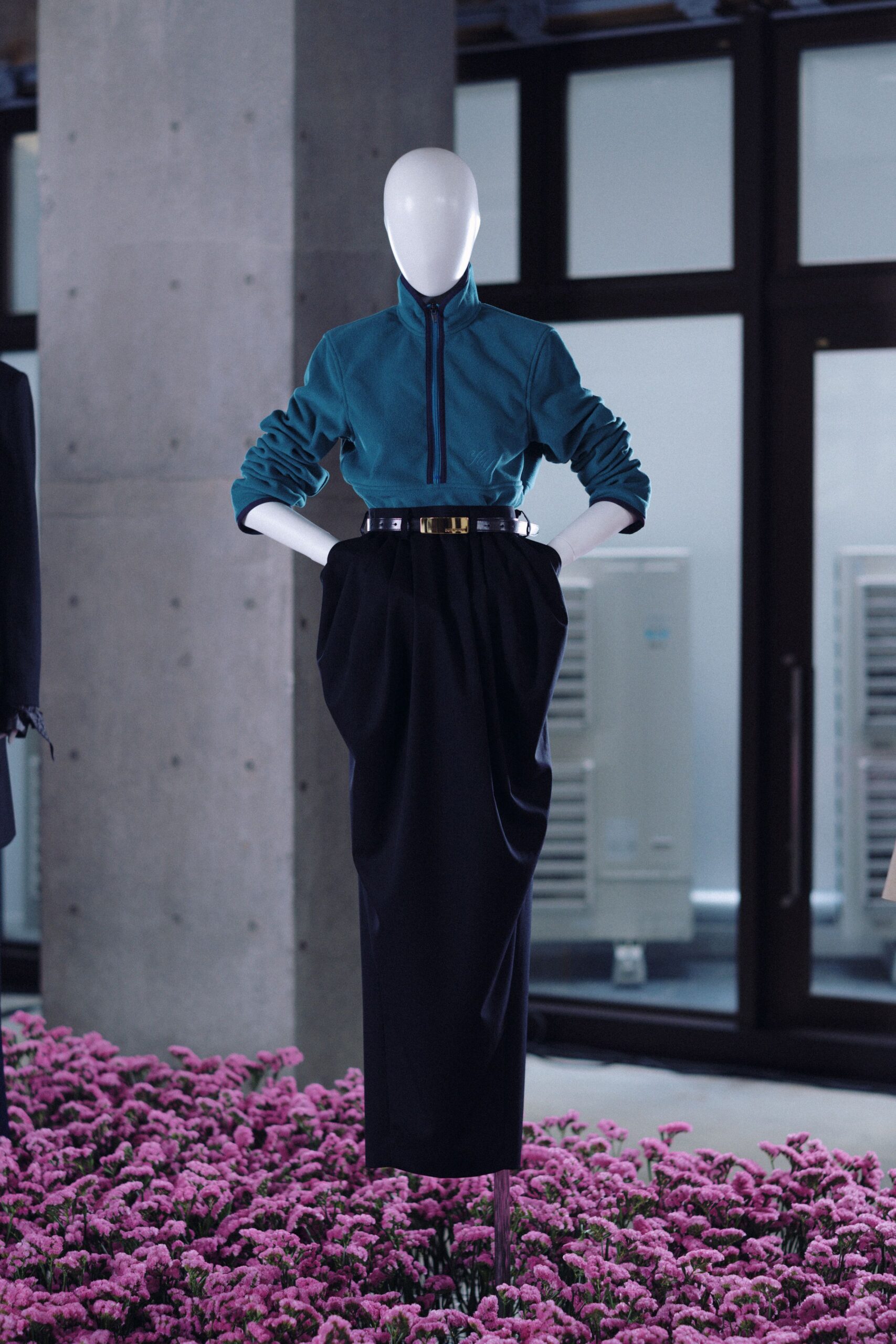 teal cotton long-sleeve high-neck fitted top