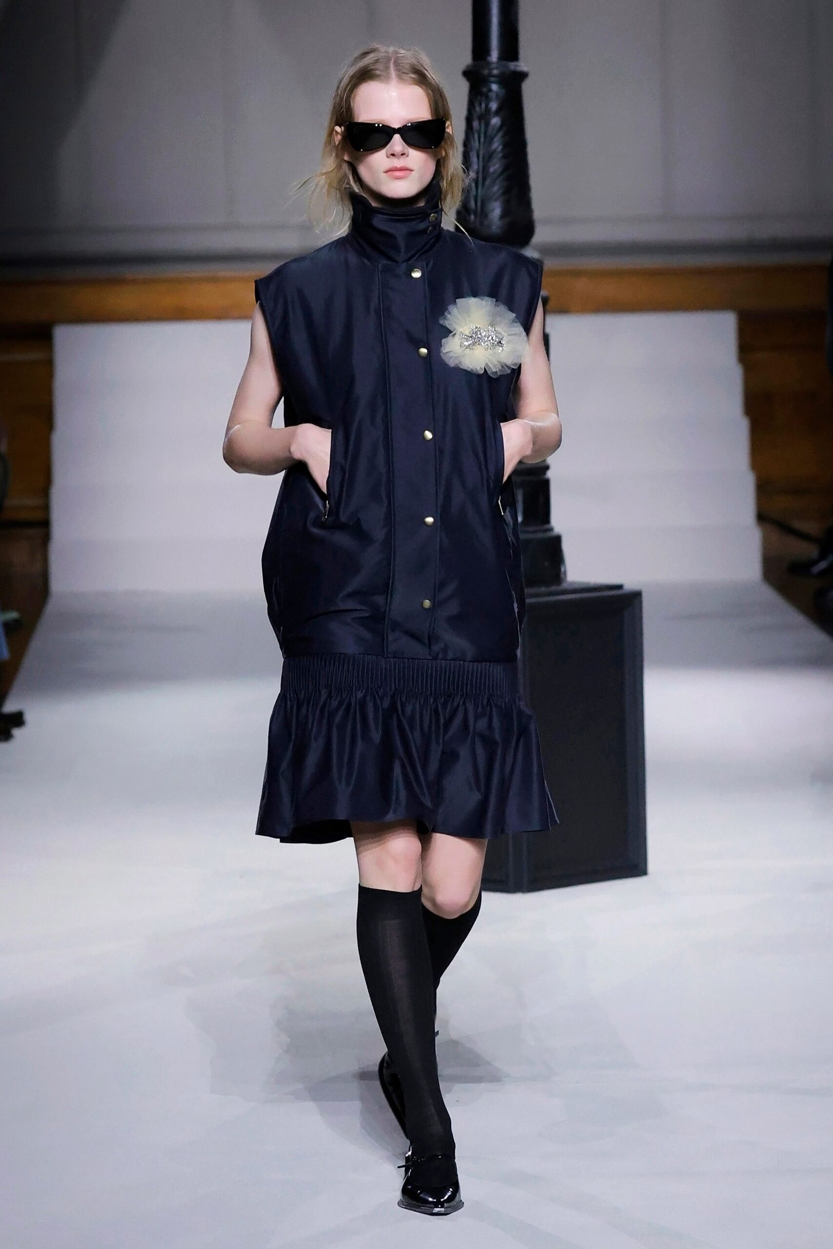 black cotton sleeveless collared relaxed pleated mini dress