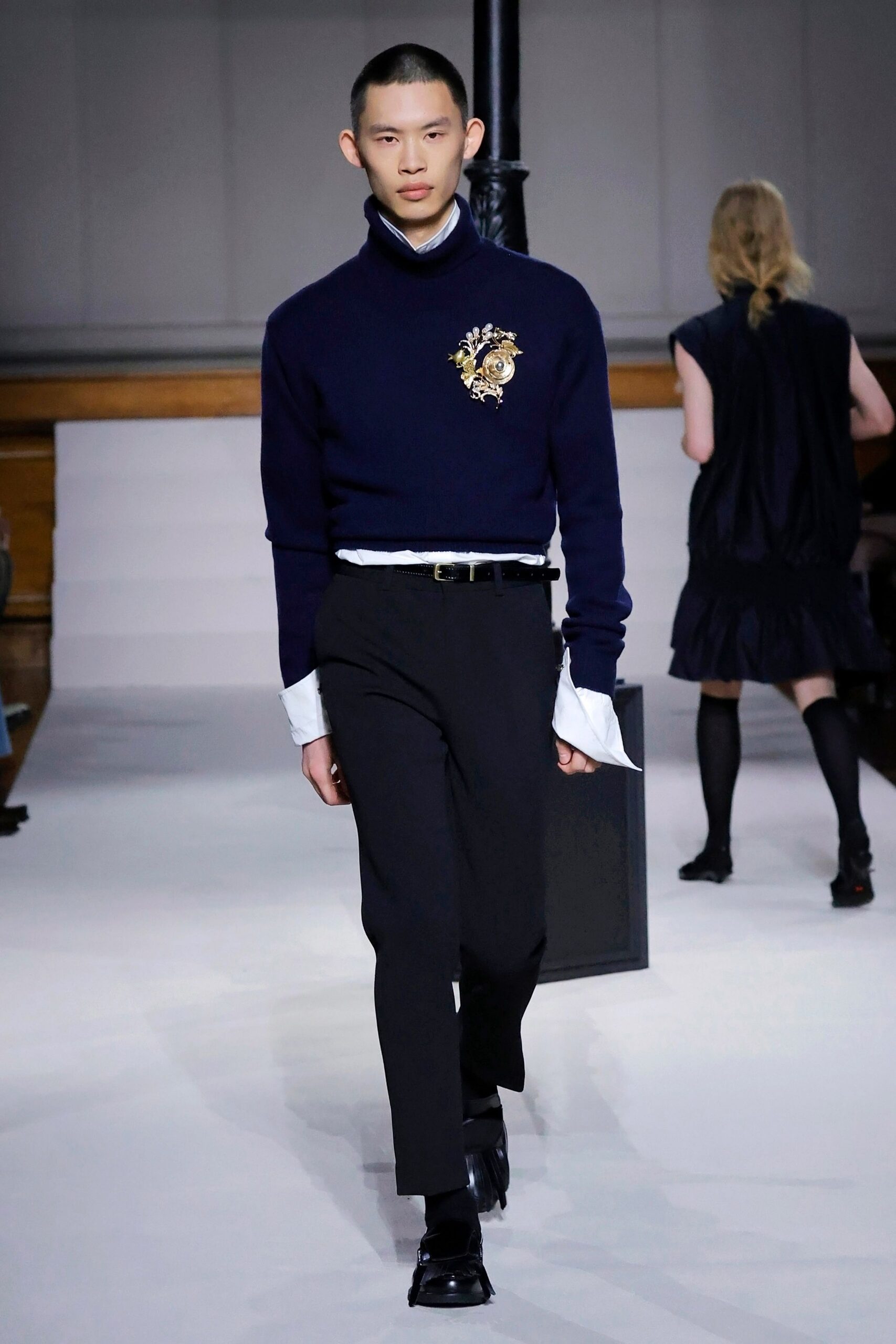blue wool long-sleeve high-neck fitted embroidered sweater