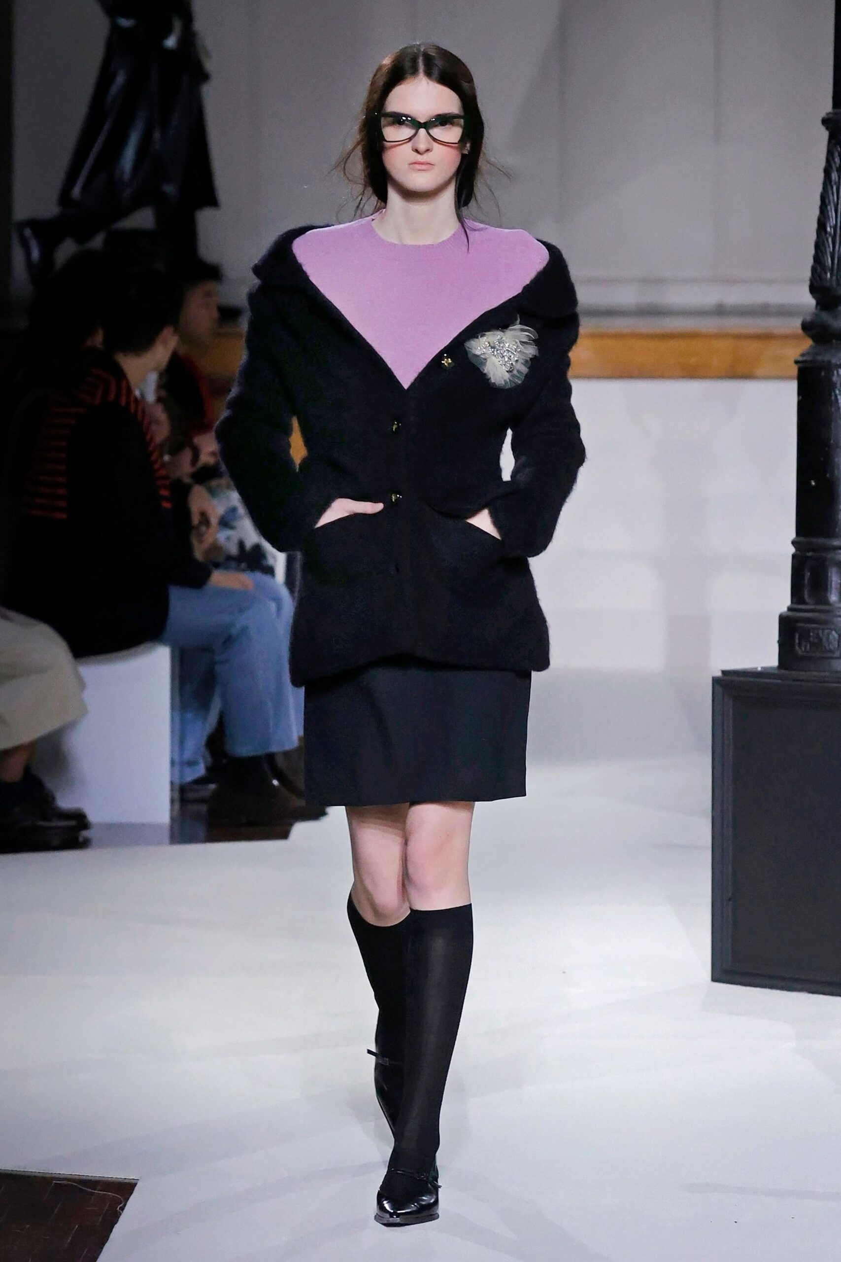 black wool blazer with purple detail