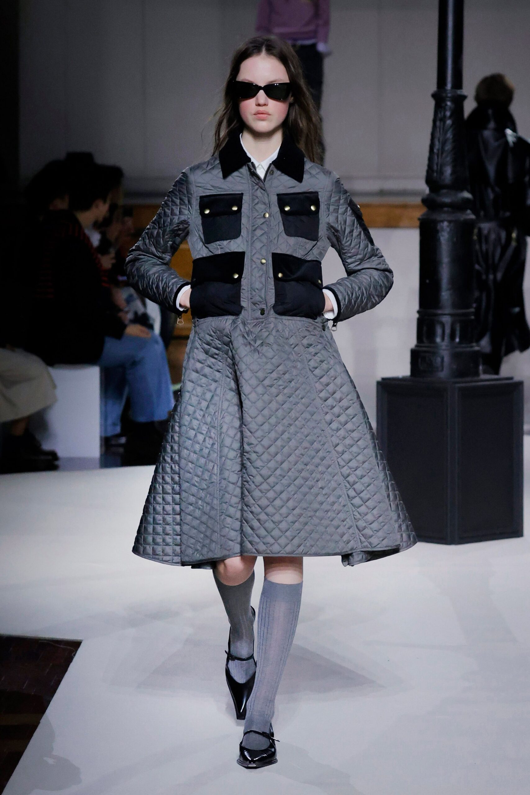 gray cotton long-sleeve collared fitted quilted buttoned dress