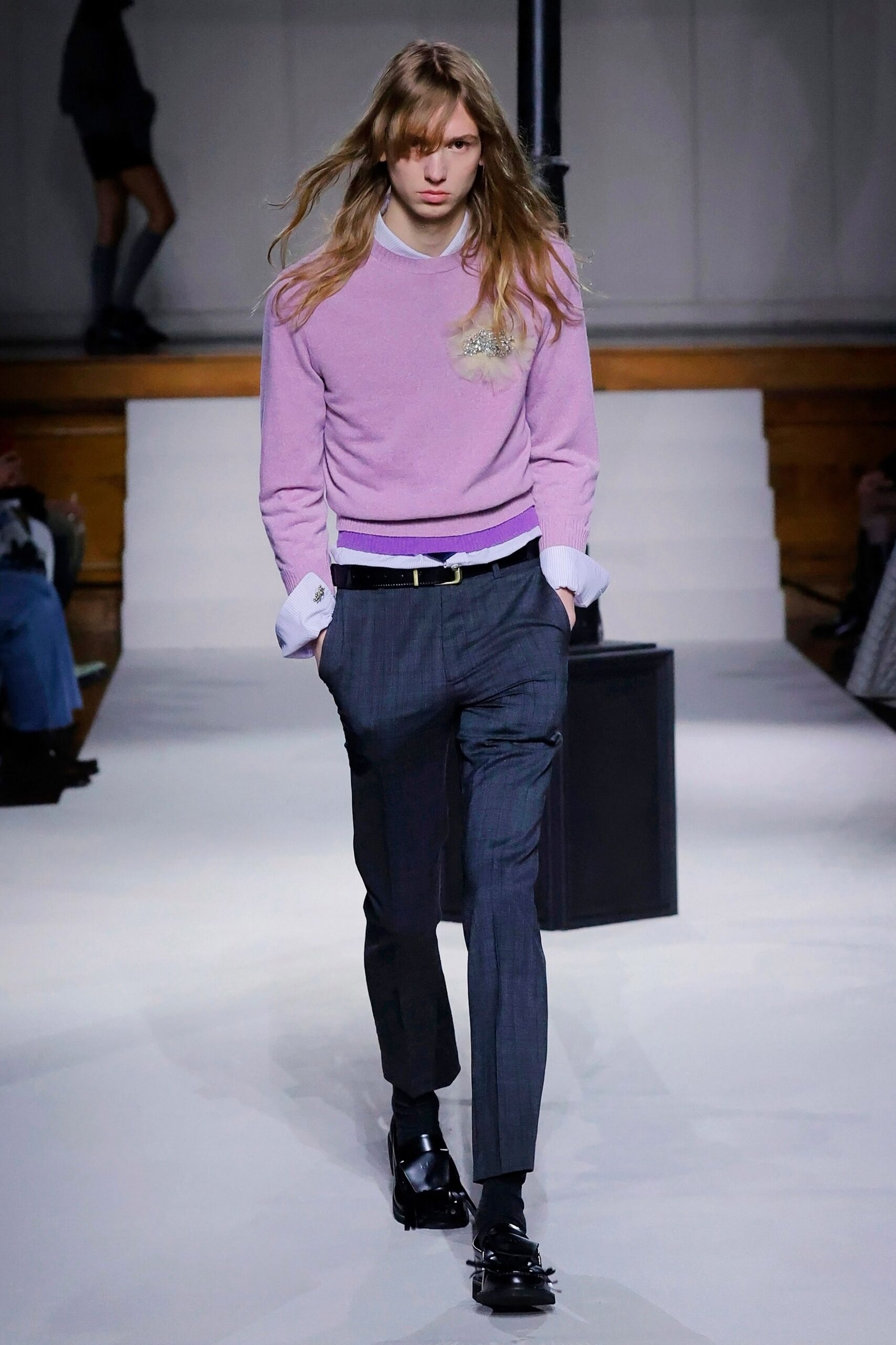 purple cotton long-sleeve collared fitted embroidered sweater