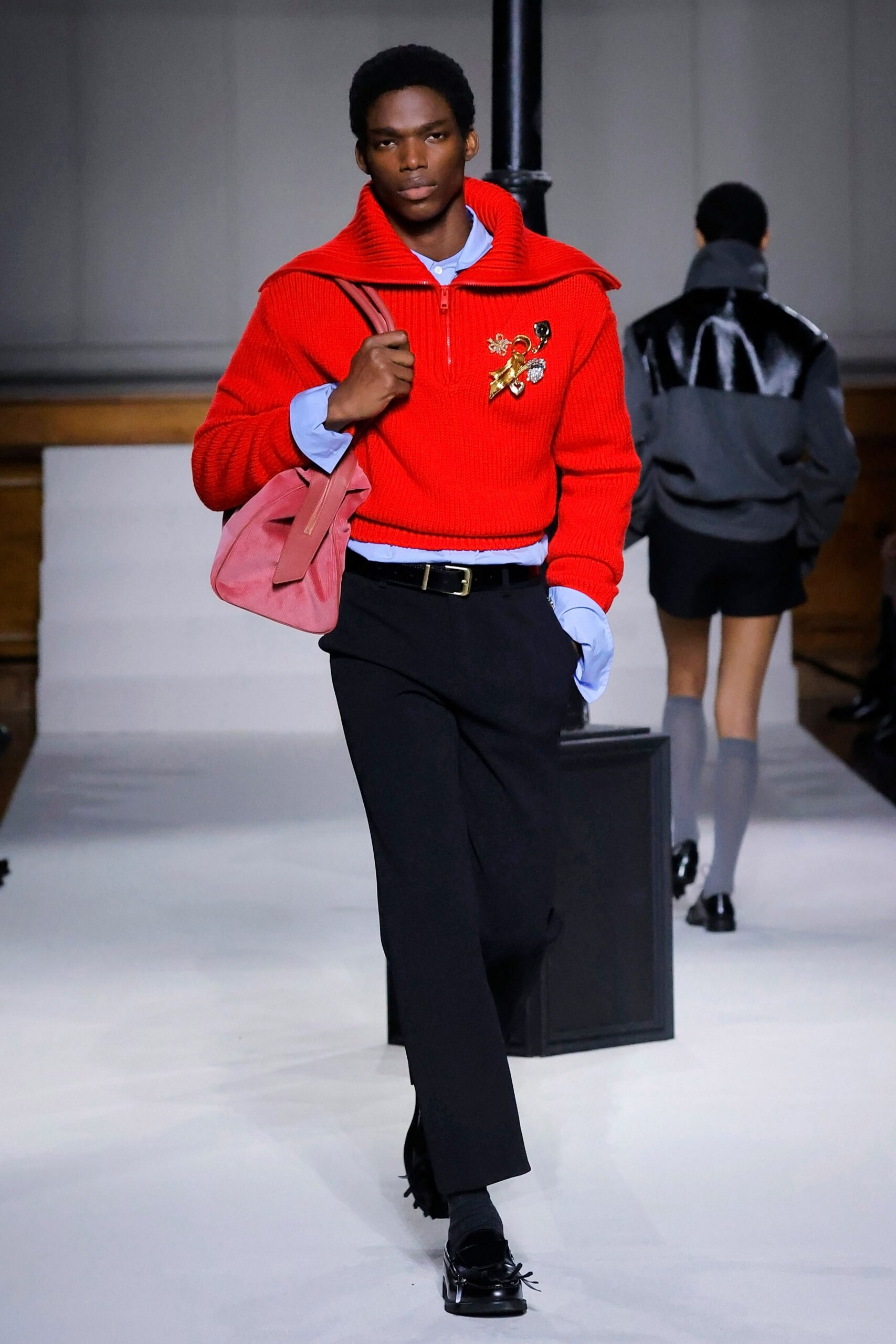 red wool long-sleeve collared fitted embroidered sweater