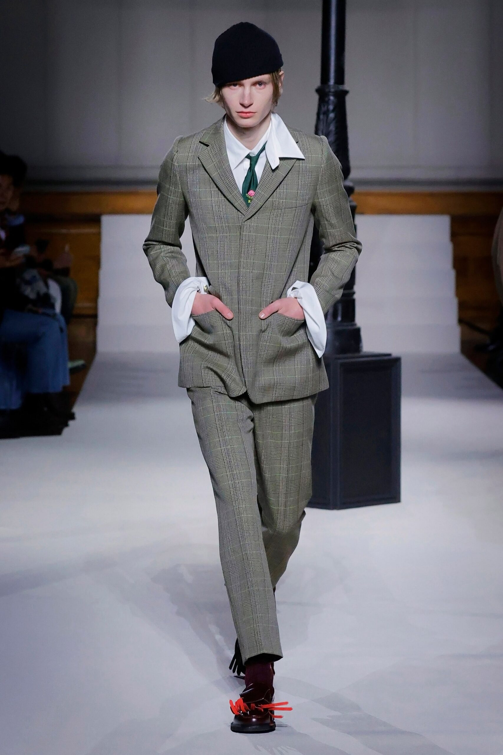 green cotton long-sleeve collared tailored checked buttoned suit