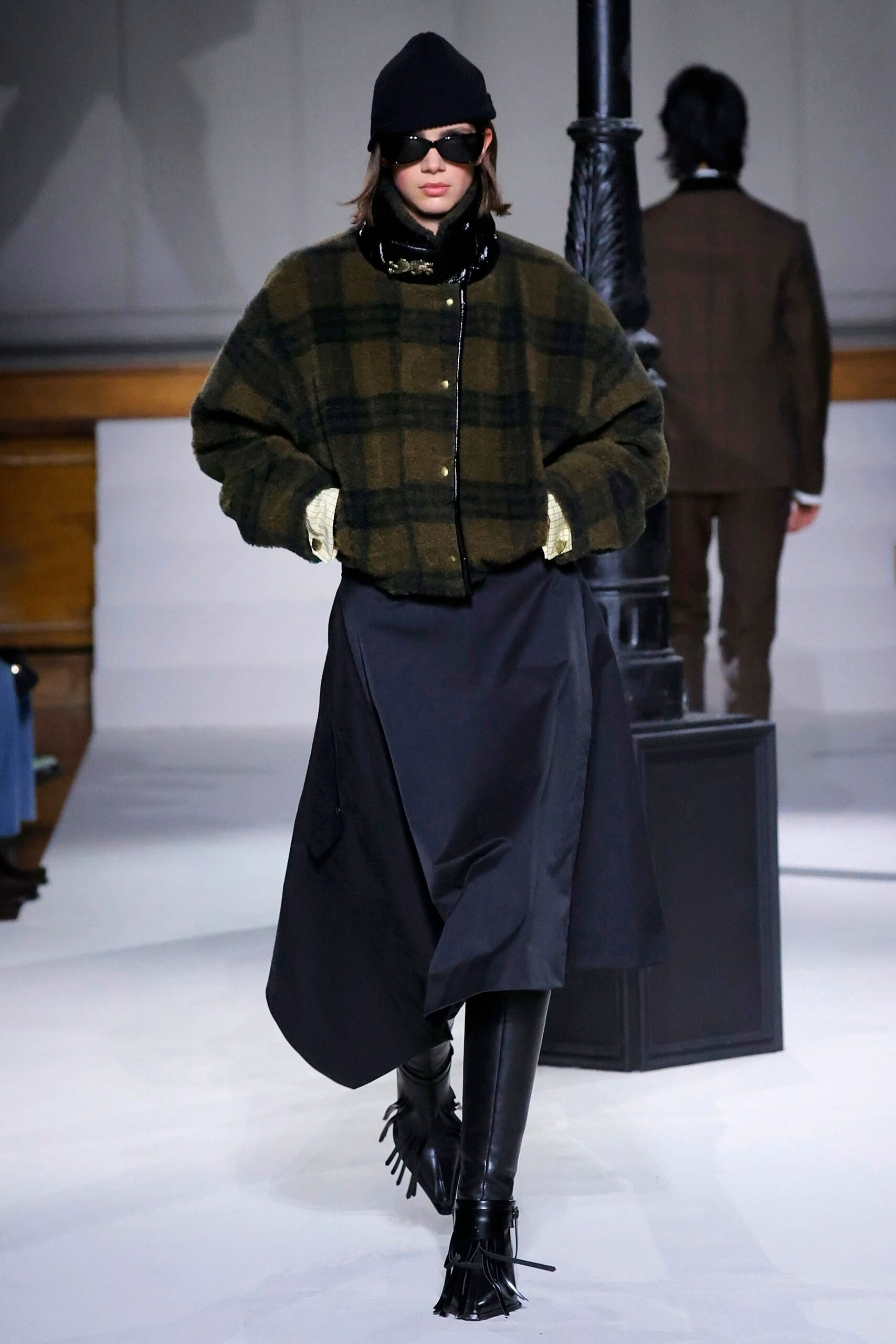 green cotton long-sleeve collared relaxed checked jacket