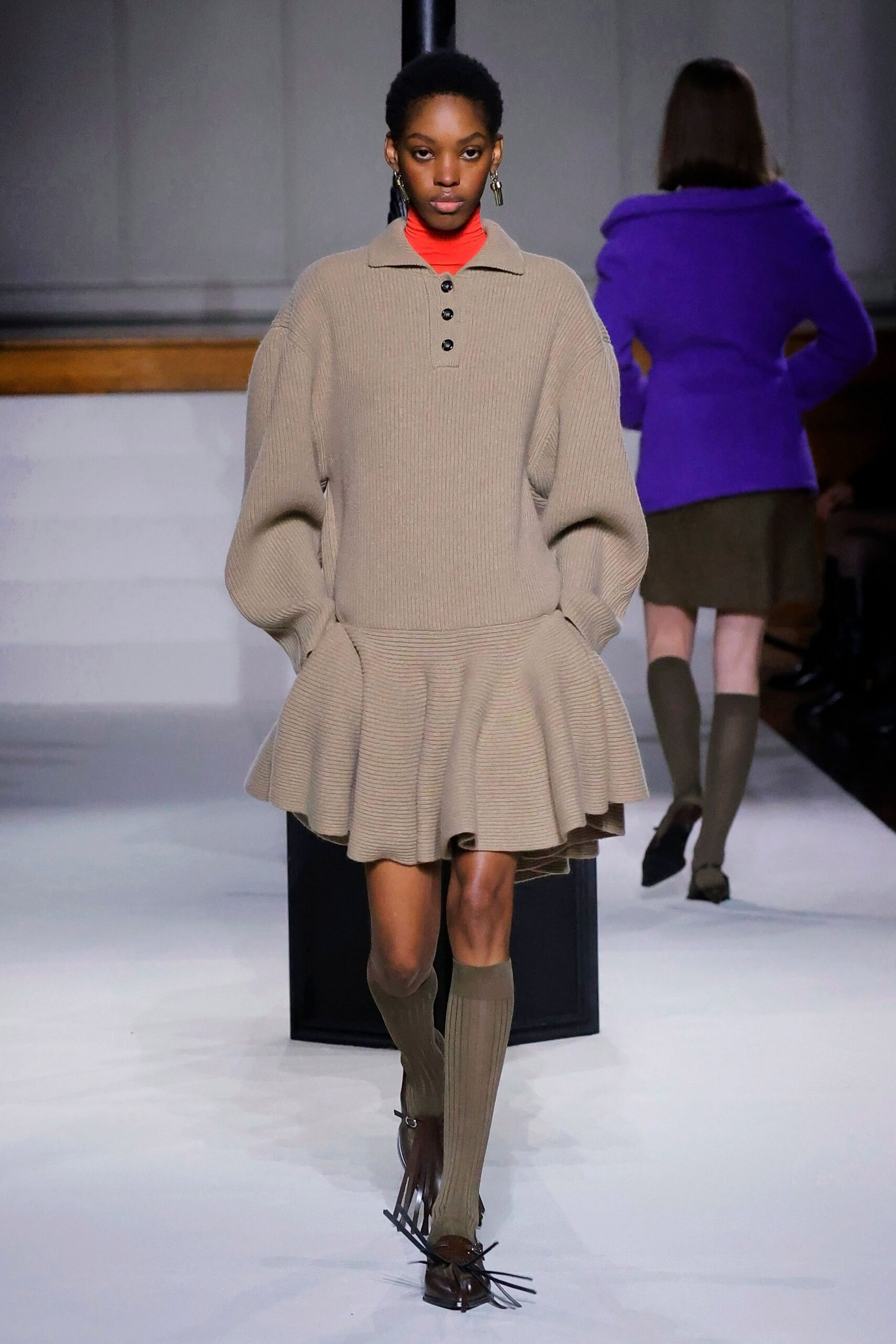 beige knit long-sleeve collared relaxed pleated mini dress
