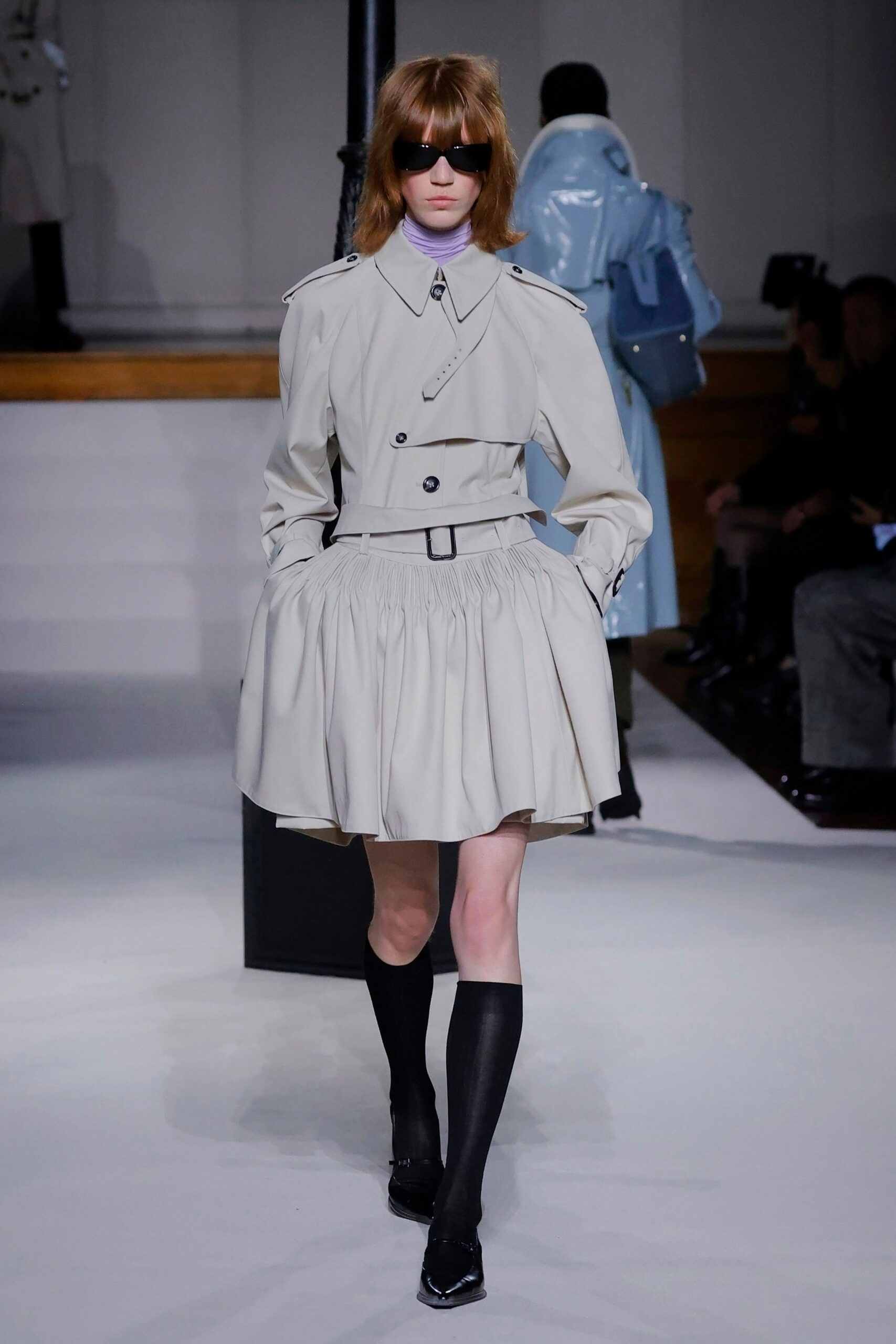 beige cotton long-sleeve collared fitted pleated belted trench